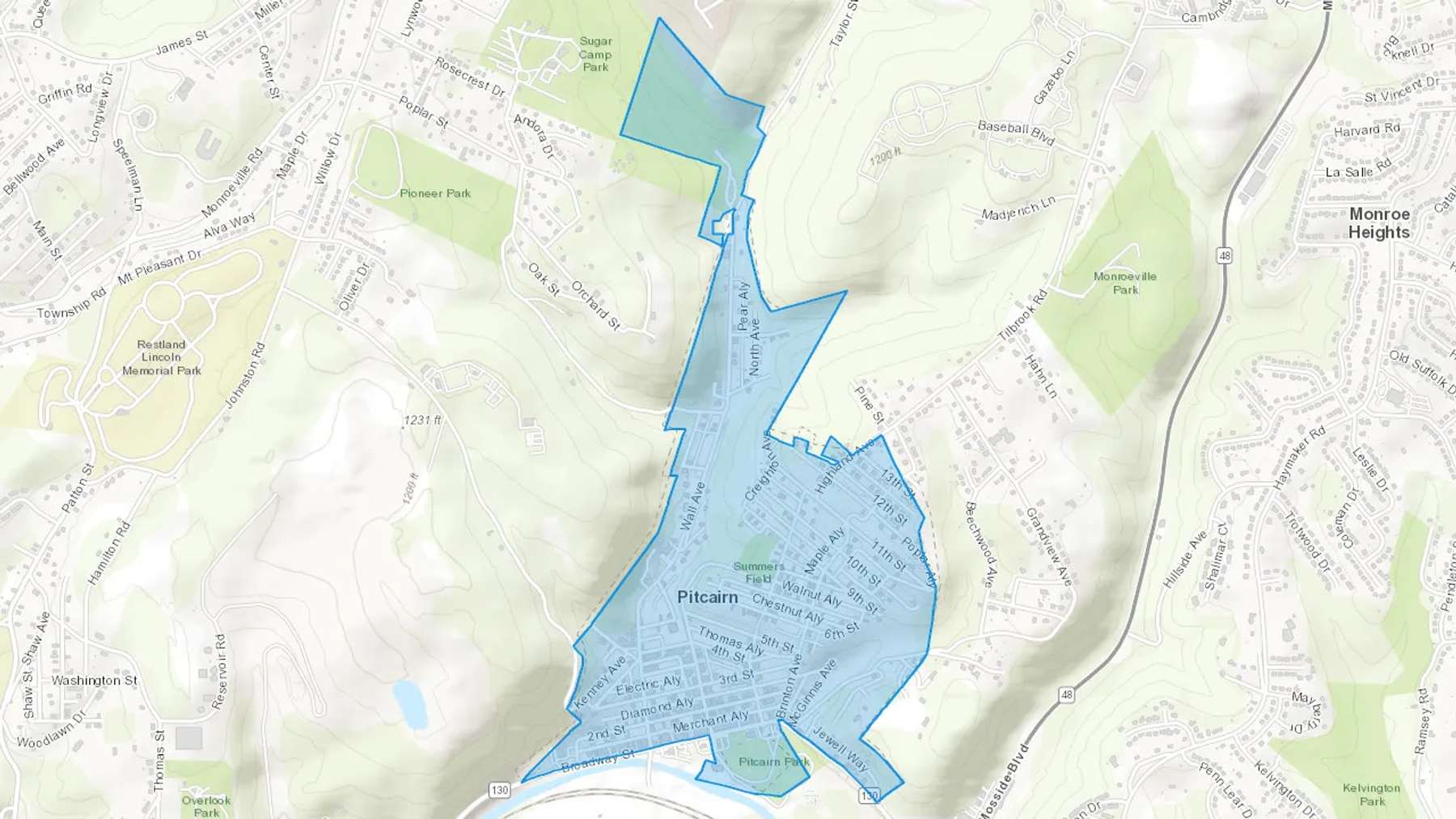 Pitcairn, PA Cash heating Oil delivery map Map of the COD Fuel Oil delivery service area for Pitcairn, PA
