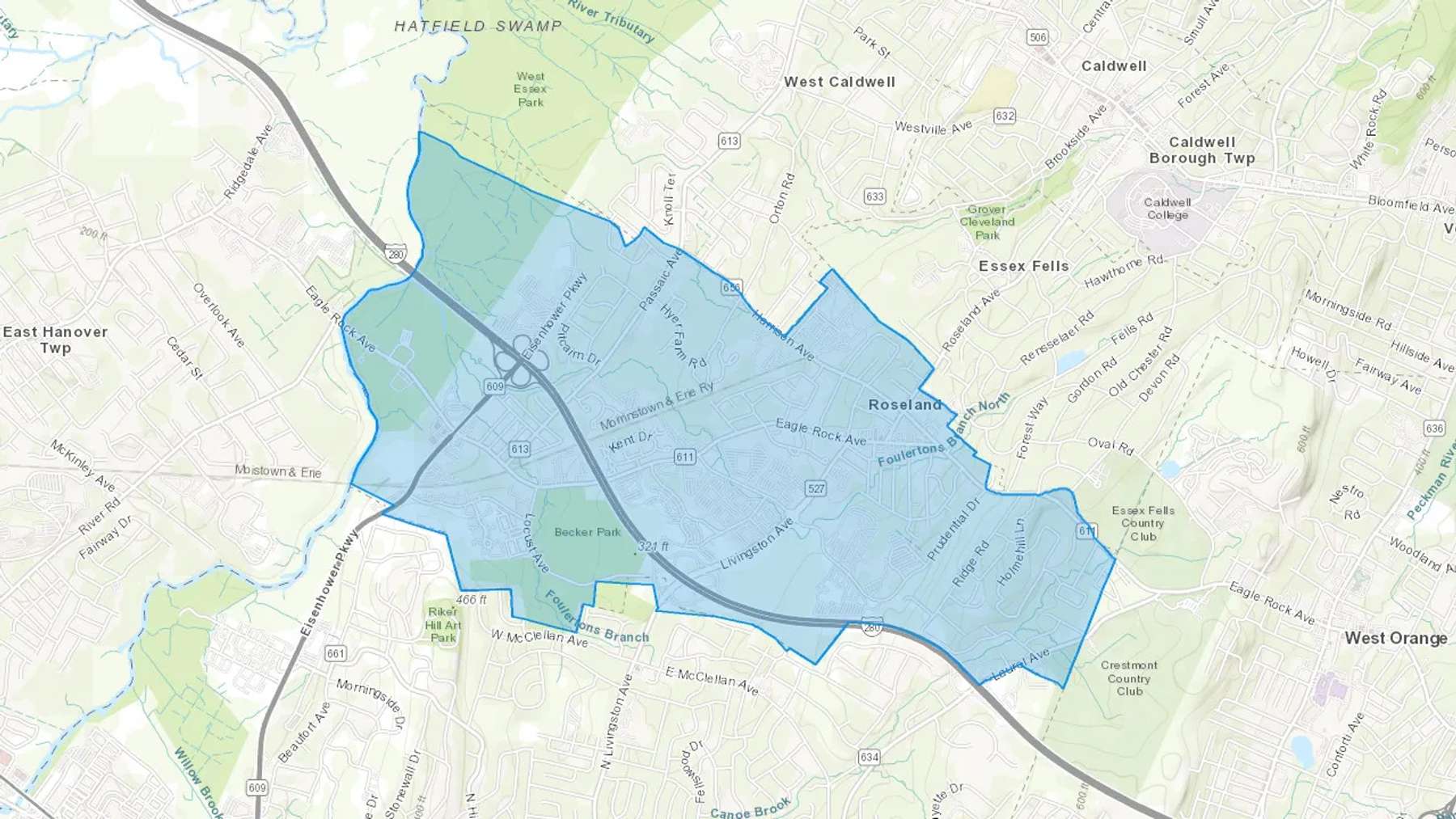 Roseland, NJ Cash heating Oil delivery map Map of the COD Fuel Oil delivery service area for Roseland, NJ
