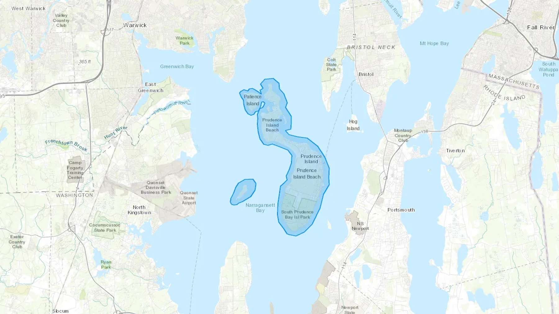 Prudence Island, RI Cash heating Oil delivery map Map of the COD Fuel Oil delivery service area for Prudence Island, RI