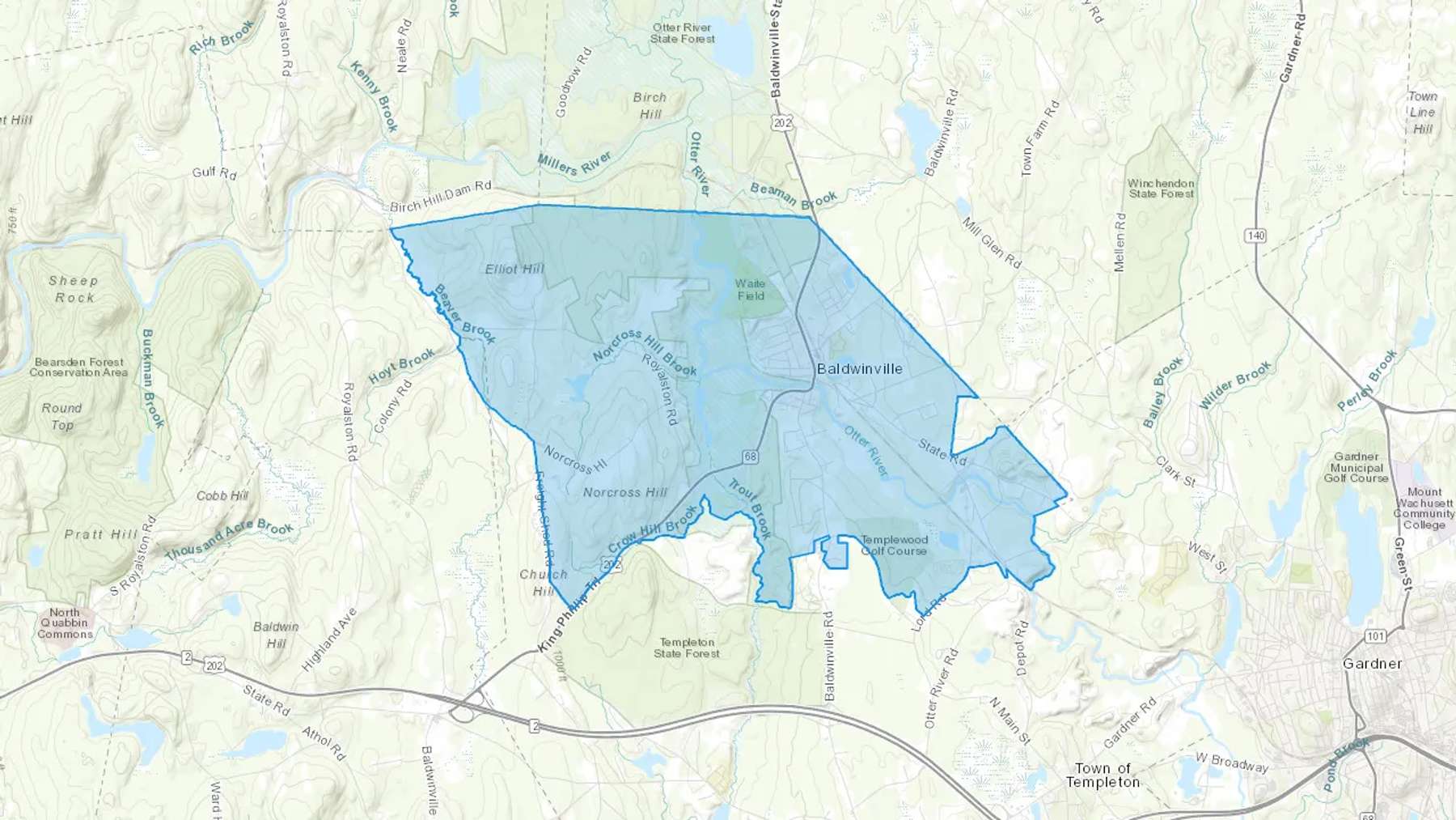 Baldwinville, MA Cash heating Oil delivery map Map of the COD Fuel Oil delivery service area for Baldwinville, MA