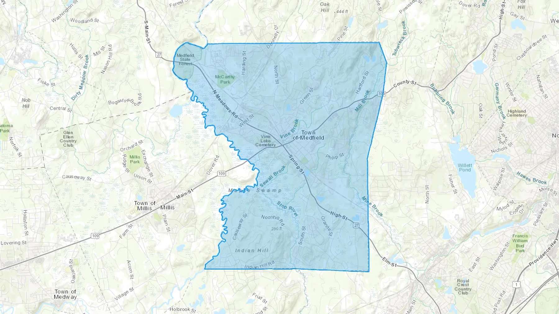 Medfield, MA Cash heating Oil delivery map Map of the COD Fuel Oil delivery service area for Medfield, MA