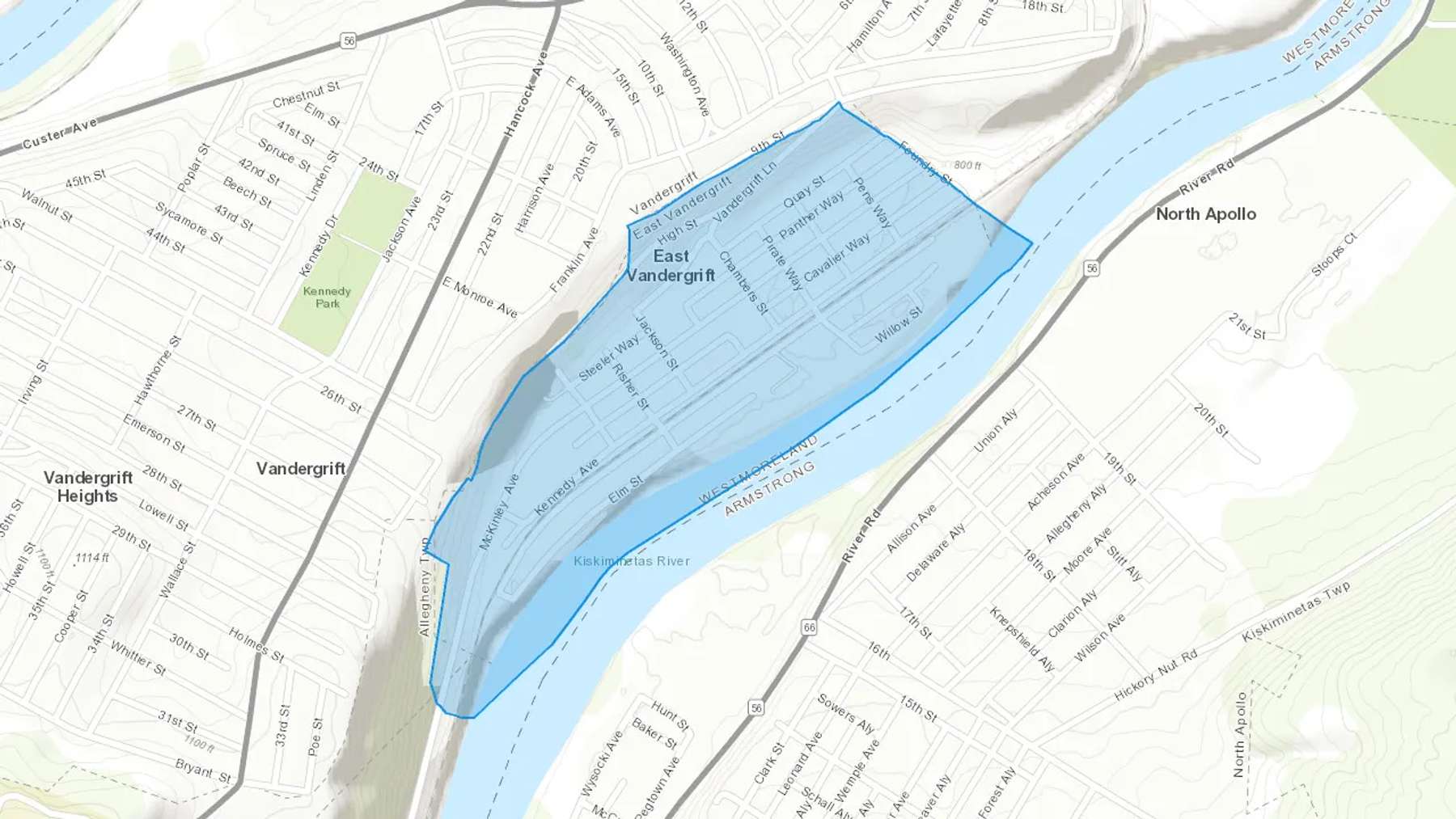 East Vandergrift, PA Cash heating Oil delivery map Map of the COD Fuel Oil delivery service area for East Vandergrift, PA