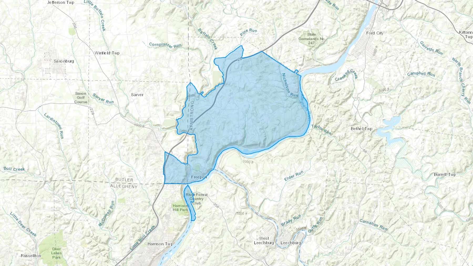Freeport, PA Cash heating Oil delivery map Map of the COD Fuel Oil delivery service area for Freeport, PA