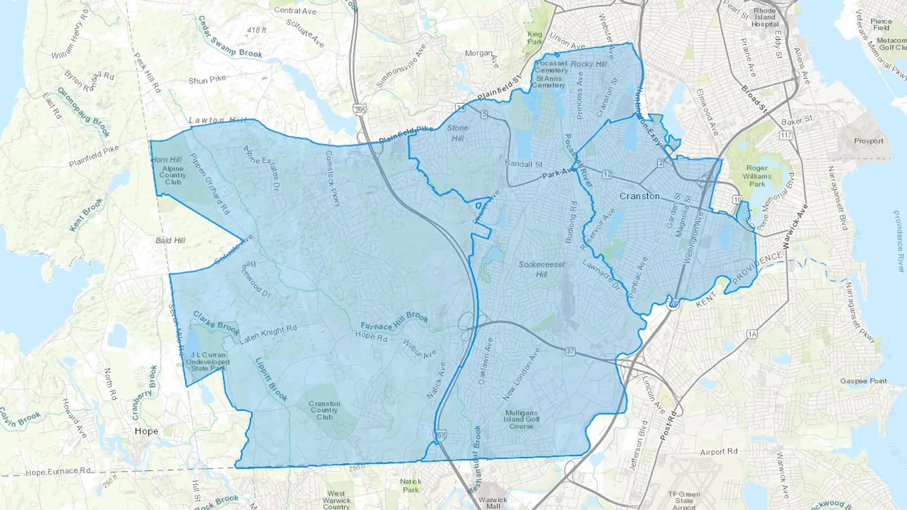 Cranston, RI Cash heating Oil delivery map Map of the COD Fuel Oil delivery service area for Cranston, RI