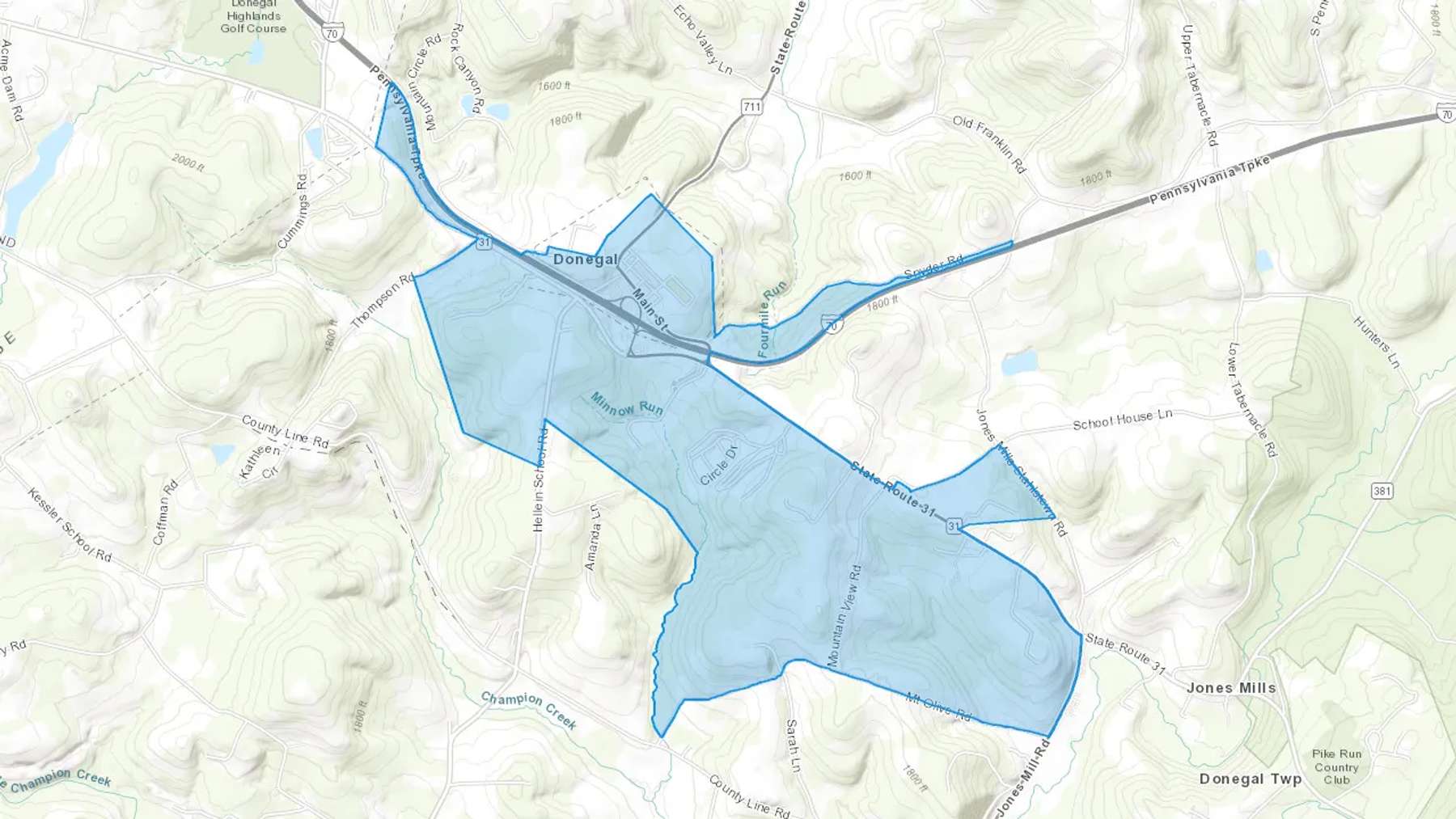 Donegal, PA Cash heating Oil delivery map Map of the COD Fuel Oil delivery service area for Donegal, PA