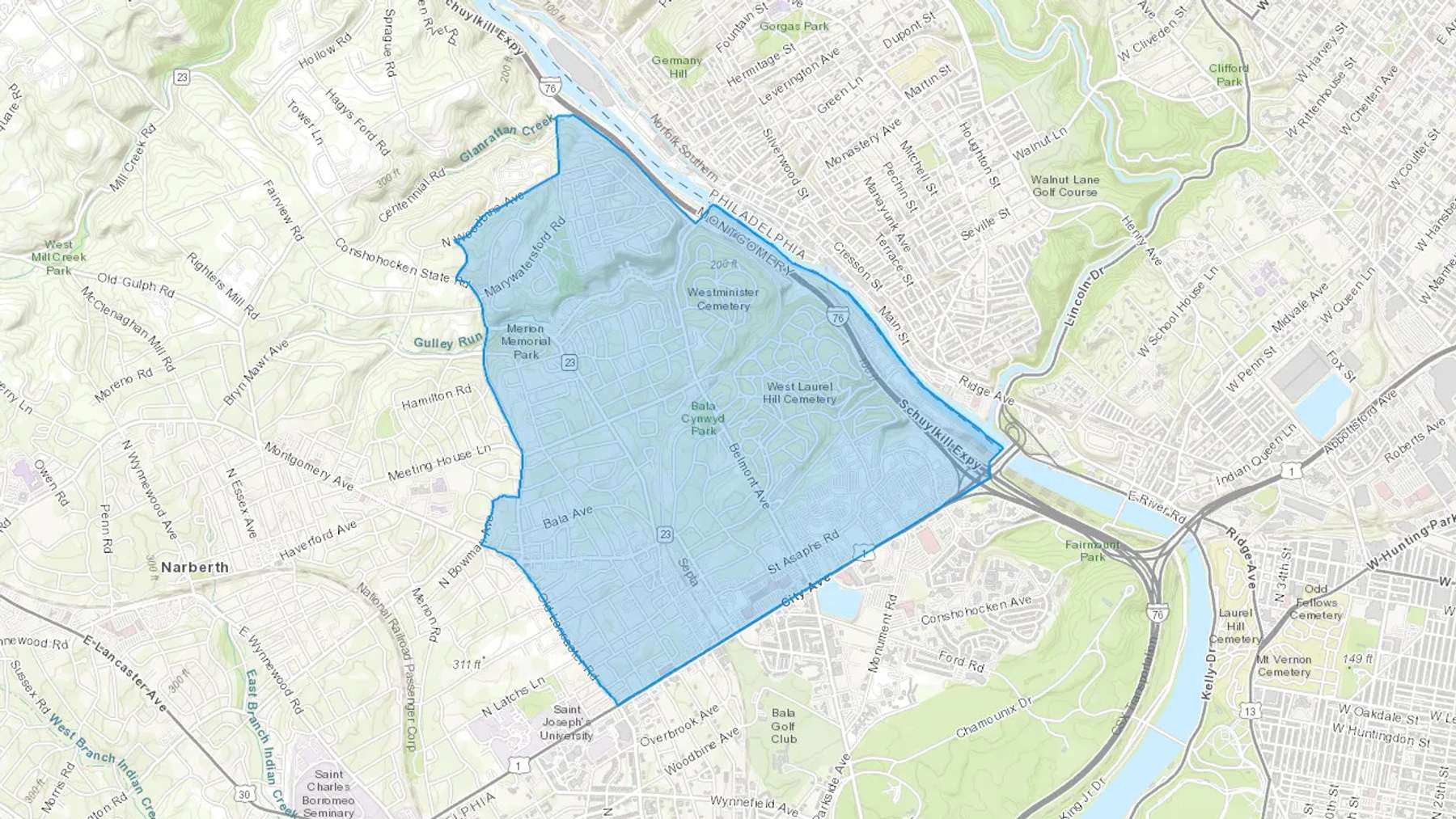 Bala Cynwyd, PA Cash heating Oil delivery map Map of the COD Fuel Oil delivery service area for Bala Cynwyd, PA