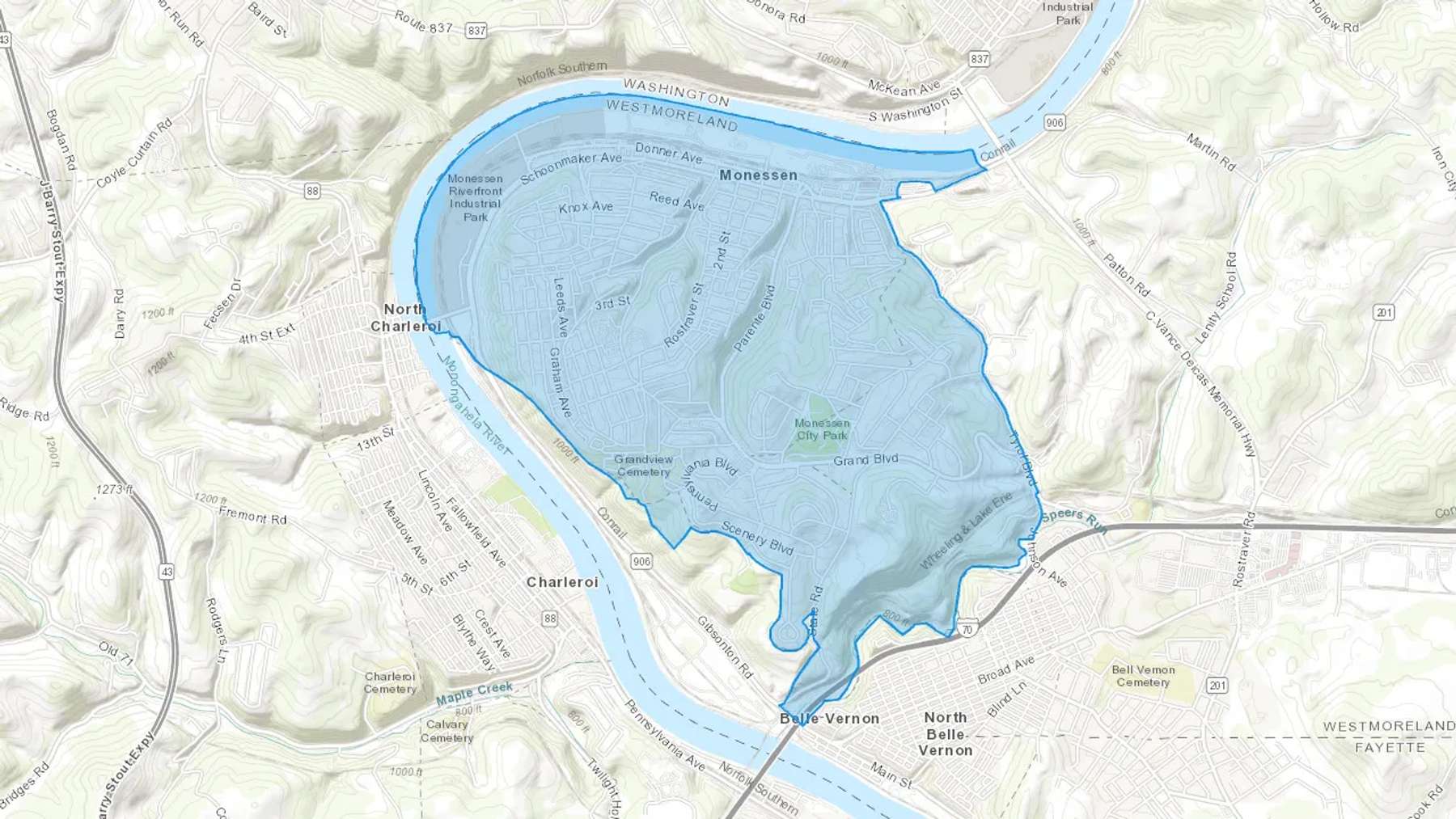 Monessen, PA Cash heating Oil delivery map Map of the COD Fuel Oil delivery service area for Monessen, PA