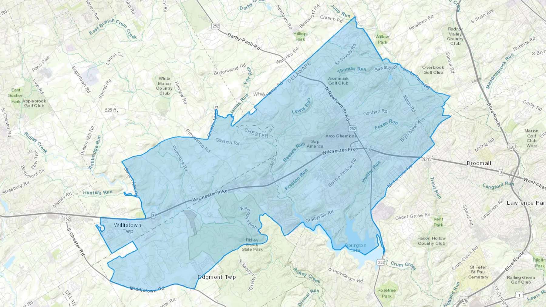 Newtown Square, PA Cash heating Oil delivery map Map of the COD Fuel Oil delivery service area for Newtown Square, PA