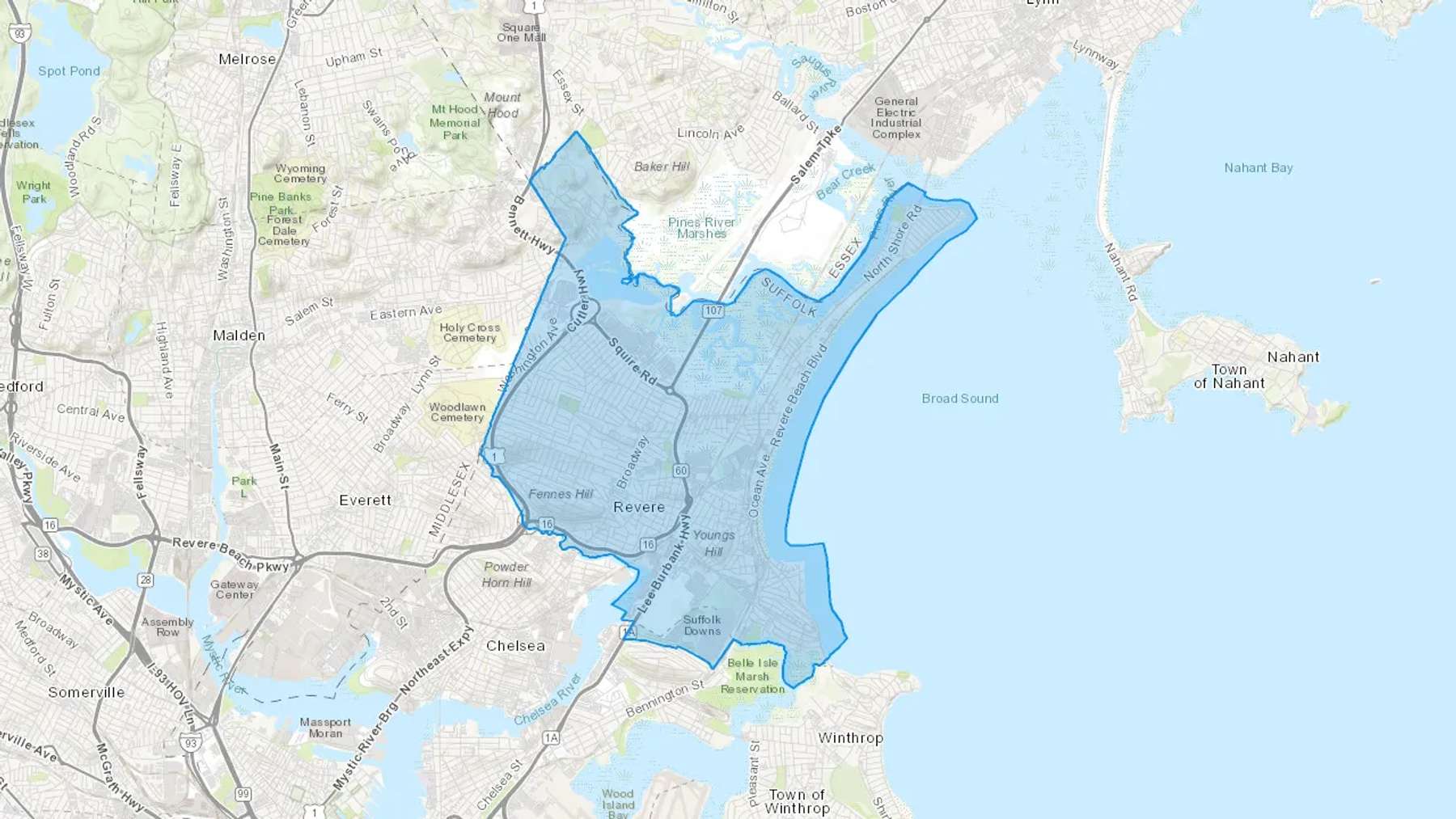 Revere, MA Cash heating Oil delivery map Map of the COD Fuel Oil delivery service area for Revere, MA