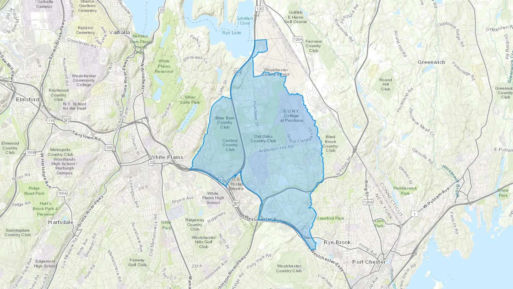 Purchase, NY Cash heating Oil delivery map Map of the COD Fuel Oil delivery service area for Purchase, NY