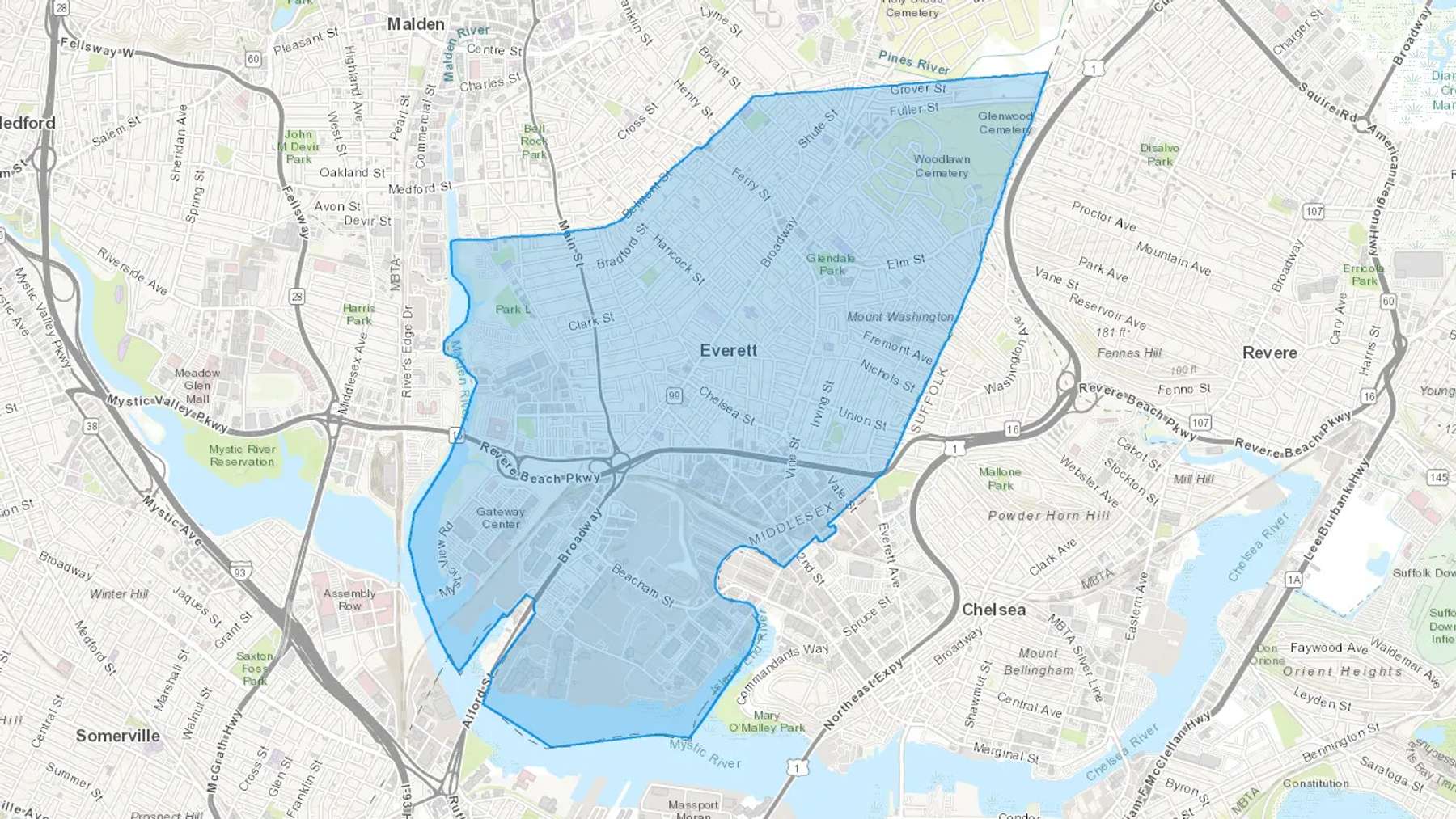 Everett, MA Cash heating Oil delivery map Map of the COD Fuel Oil delivery service area for Everett, MA
