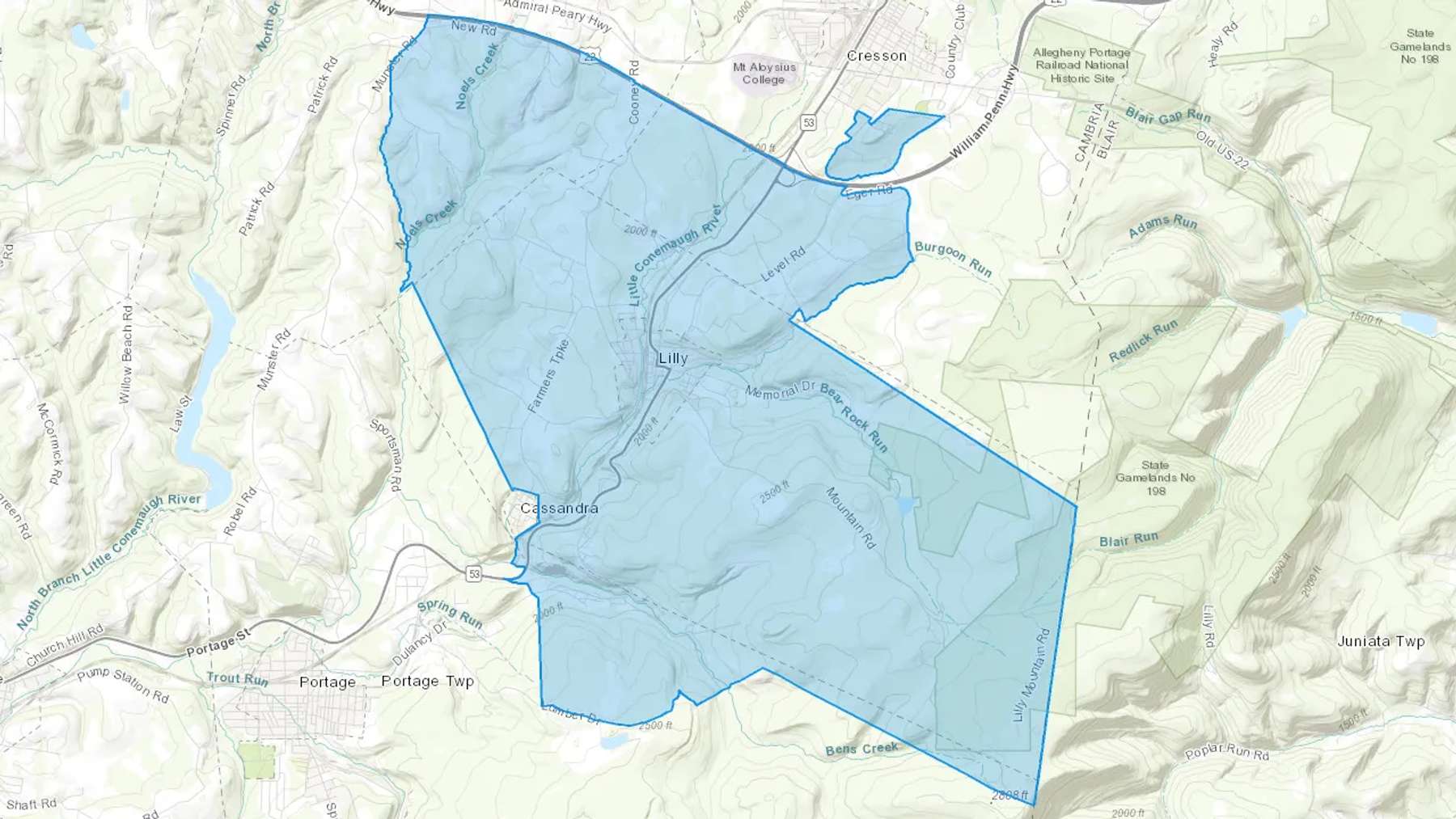 Lilly, PA Cash heating Oil delivery map Map of the COD Fuel Oil delivery service area for Lilly, PA