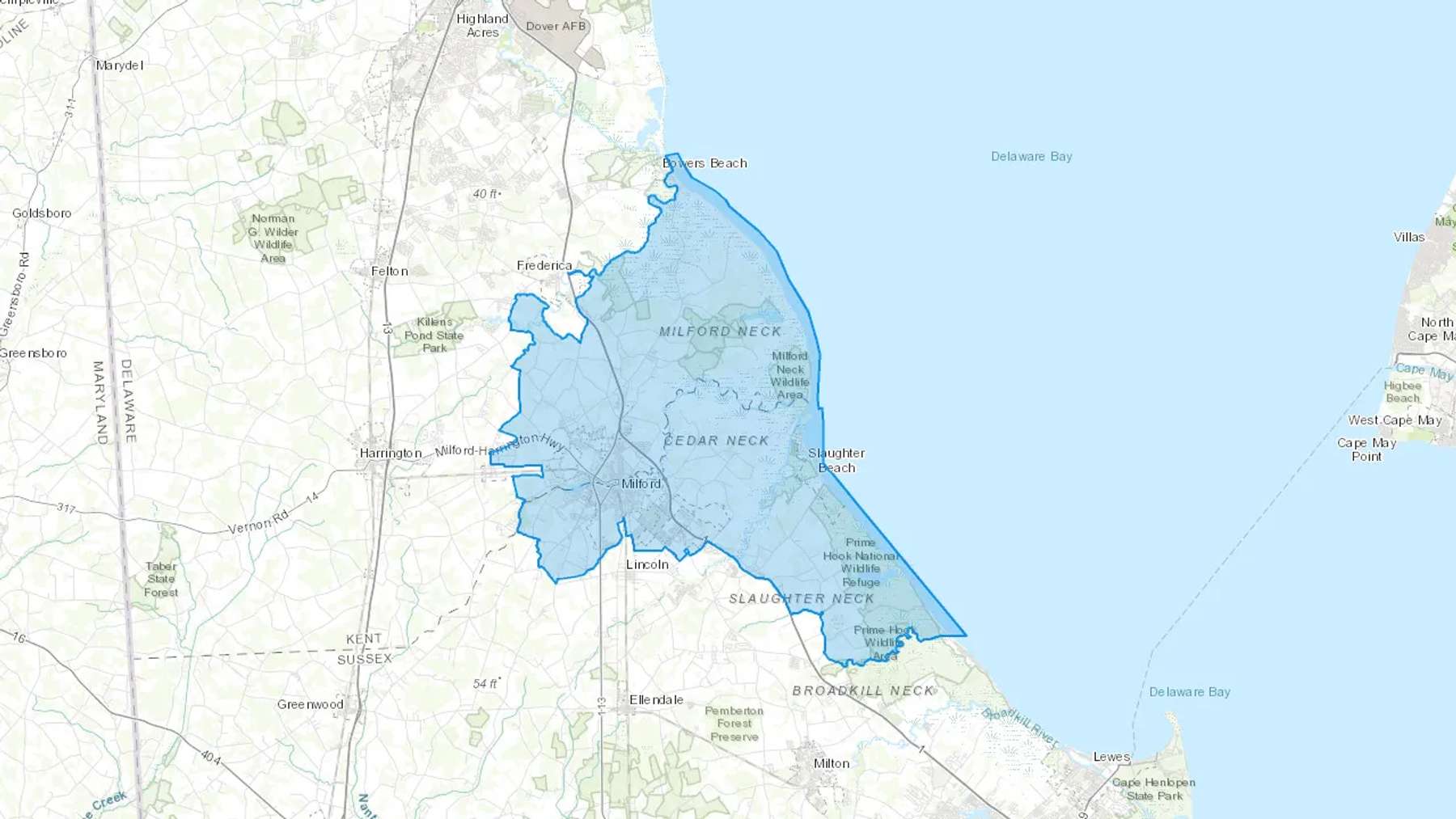 Milford, DE Cash heating Oil delivery map Map of the COD Fuel Oil delivery service area for Milford, DE