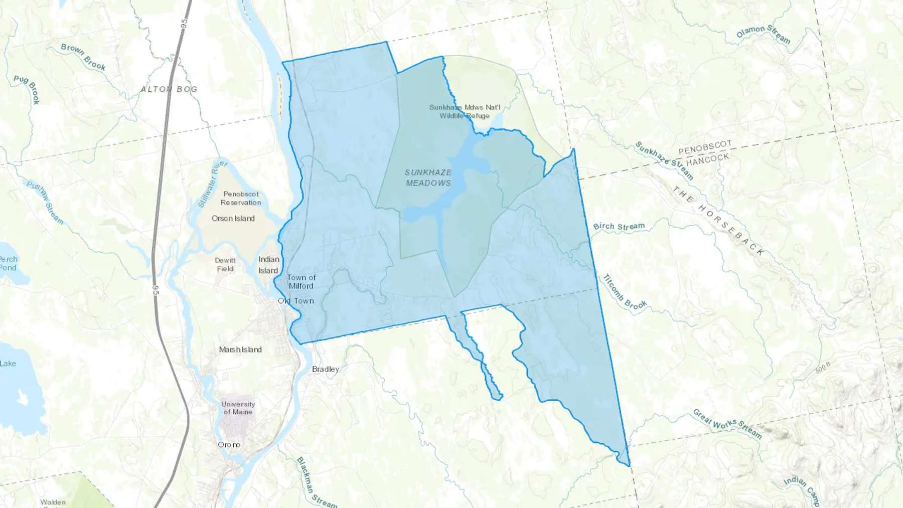 Milford, ME Cash heating Oil delivery map Map of the COD Fuel Oil delivery service area for Milford, ME