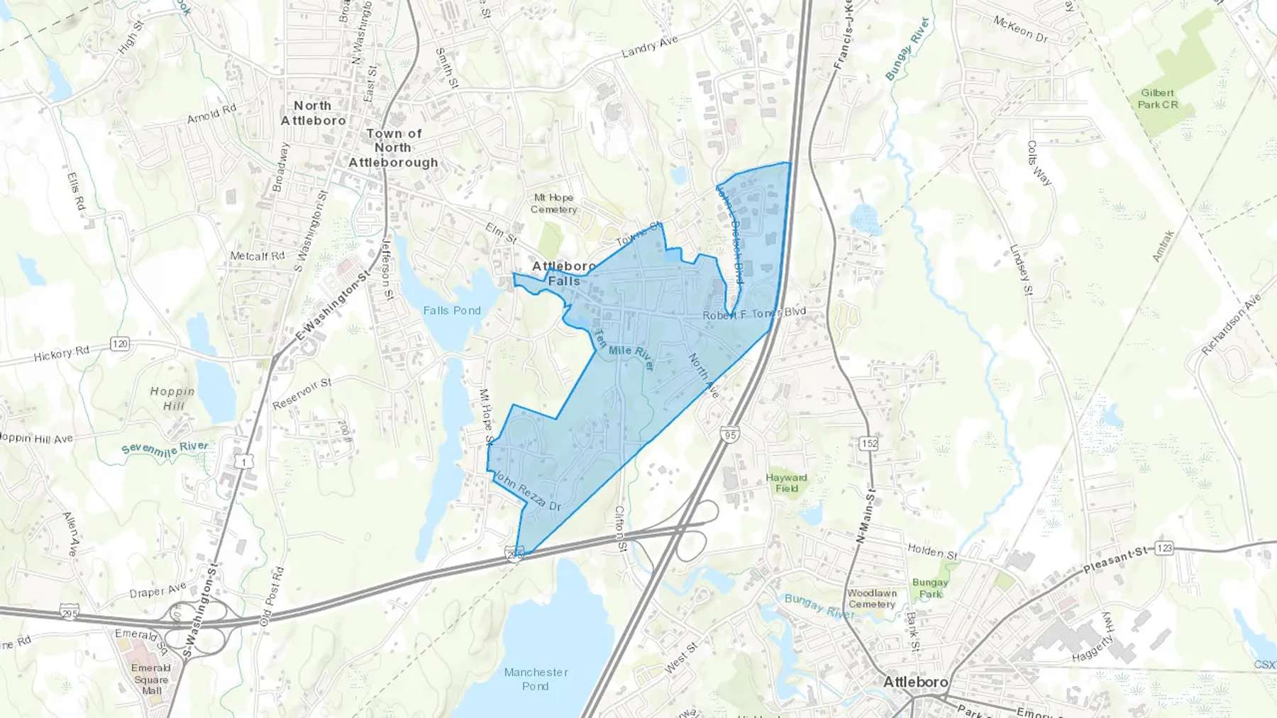 Attleboro Falls, MA Cash heating Oil delivery map Map of the COD Fuel Oil delivery service area for Attleboro Falls, MA