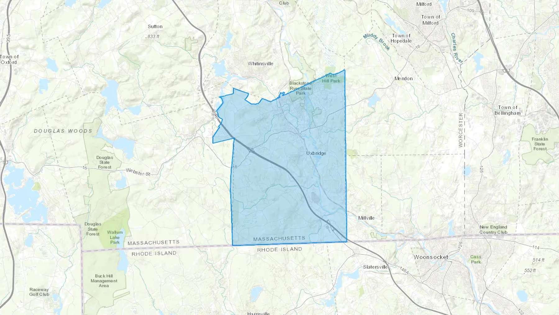 North Uxbridge, MA Cash heating Oil delivery map Map of the COD Fuel Oil delivery service area for North Uxbridge, MA