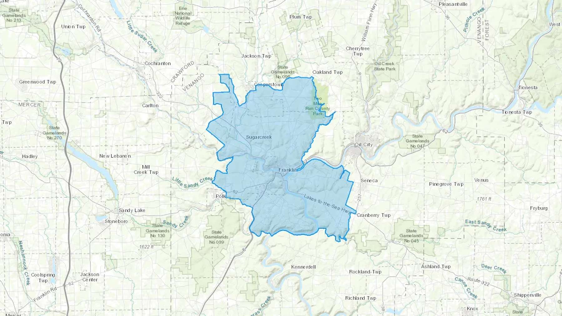 Franklin, PA Cash heating Oil delivery map Map of the COD Fuel Oil delivery service area for Franklin, PA