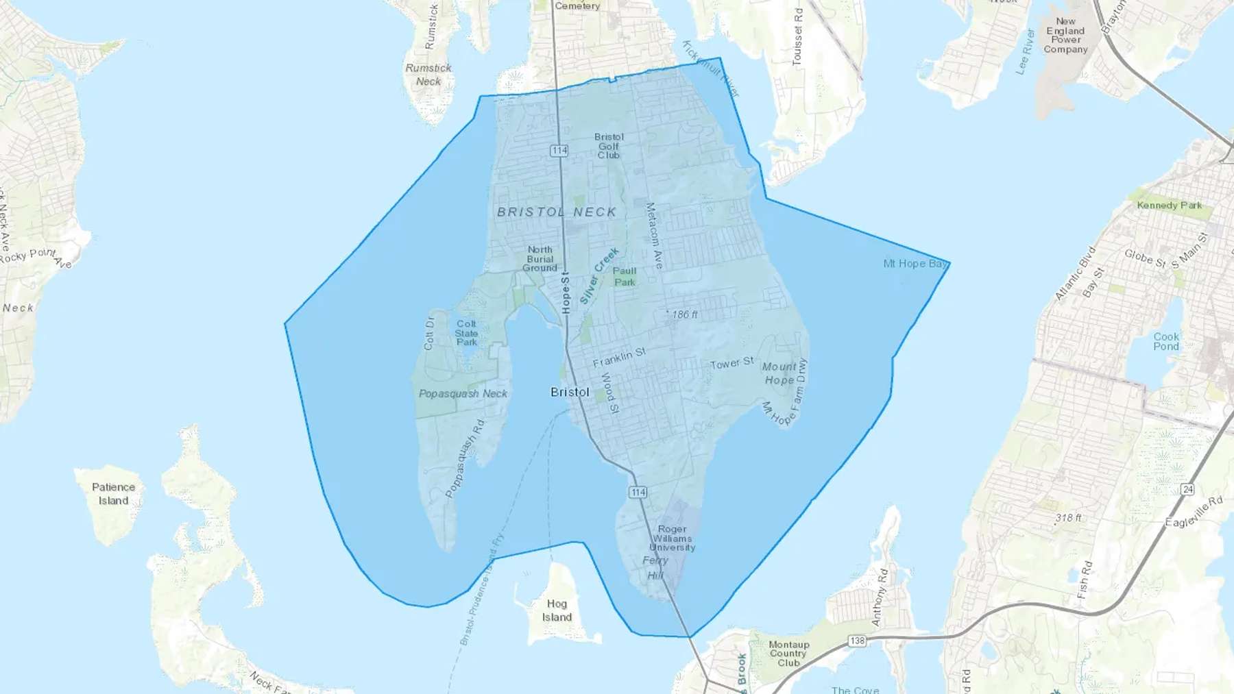 Bristol, RI Cash heating Oil delivery map Map of the COD Fuel Oil delivery service area for Bristol, RI