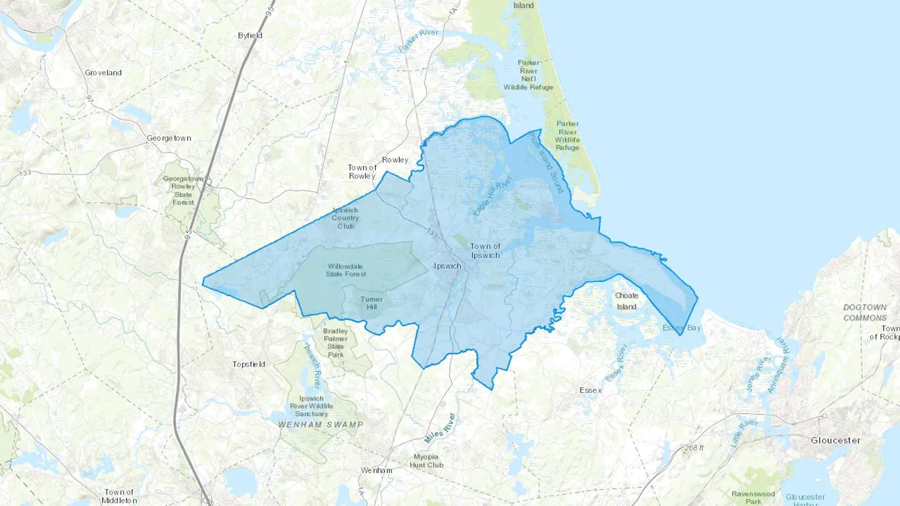 Ipswich, MA Cash heating Oil delivery map Map of the COD Fuel Oil delivery service area for Ipswich, MA