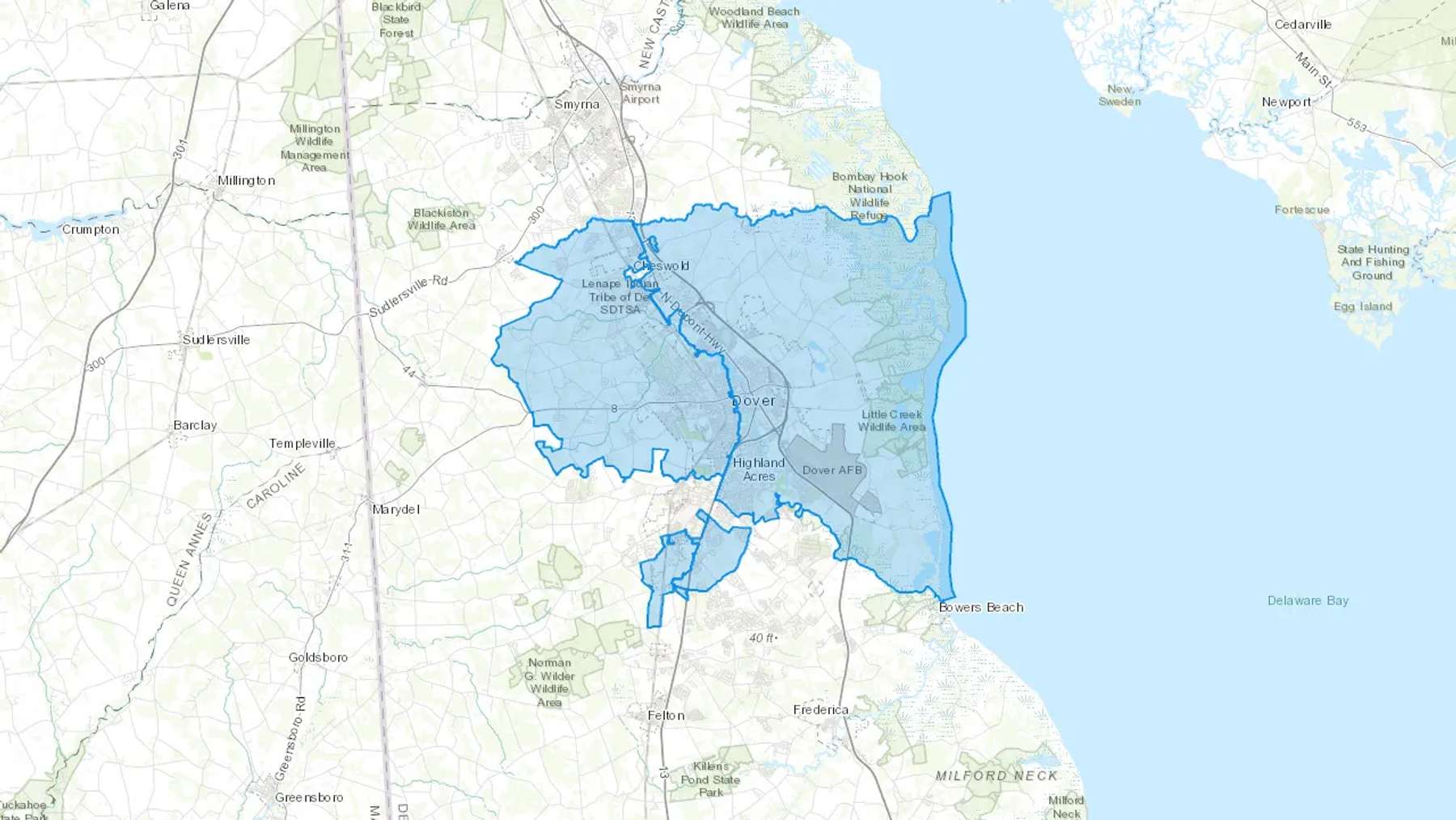 Dover, DE Cash heating Oil delivery map Map of the COD Fuel Oil delivery service area for Dover, DE