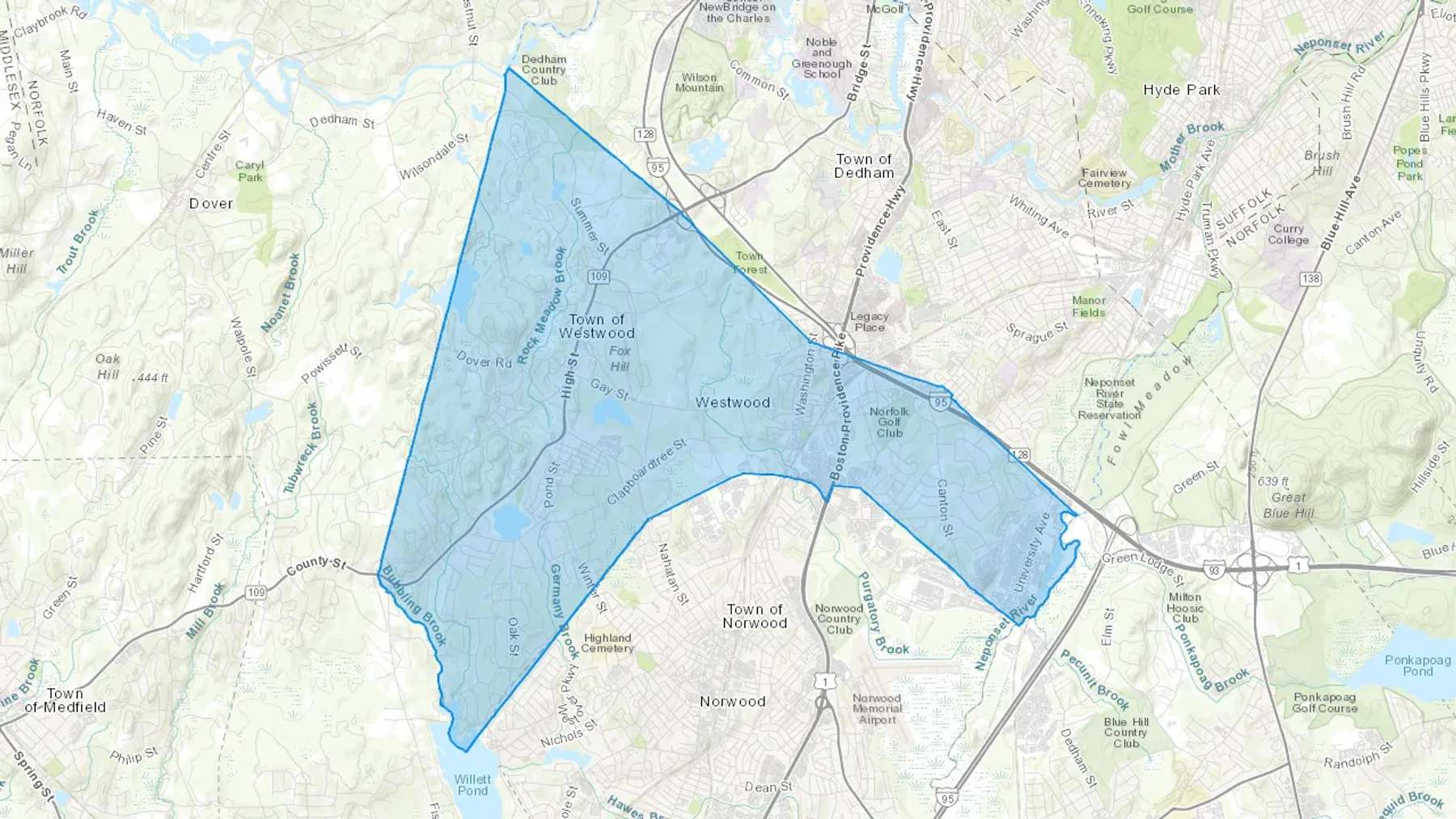 Westwood, MA Cash heating Oil delivery map Map of the COD Fuel Oil delivery service area for Westwood, MA