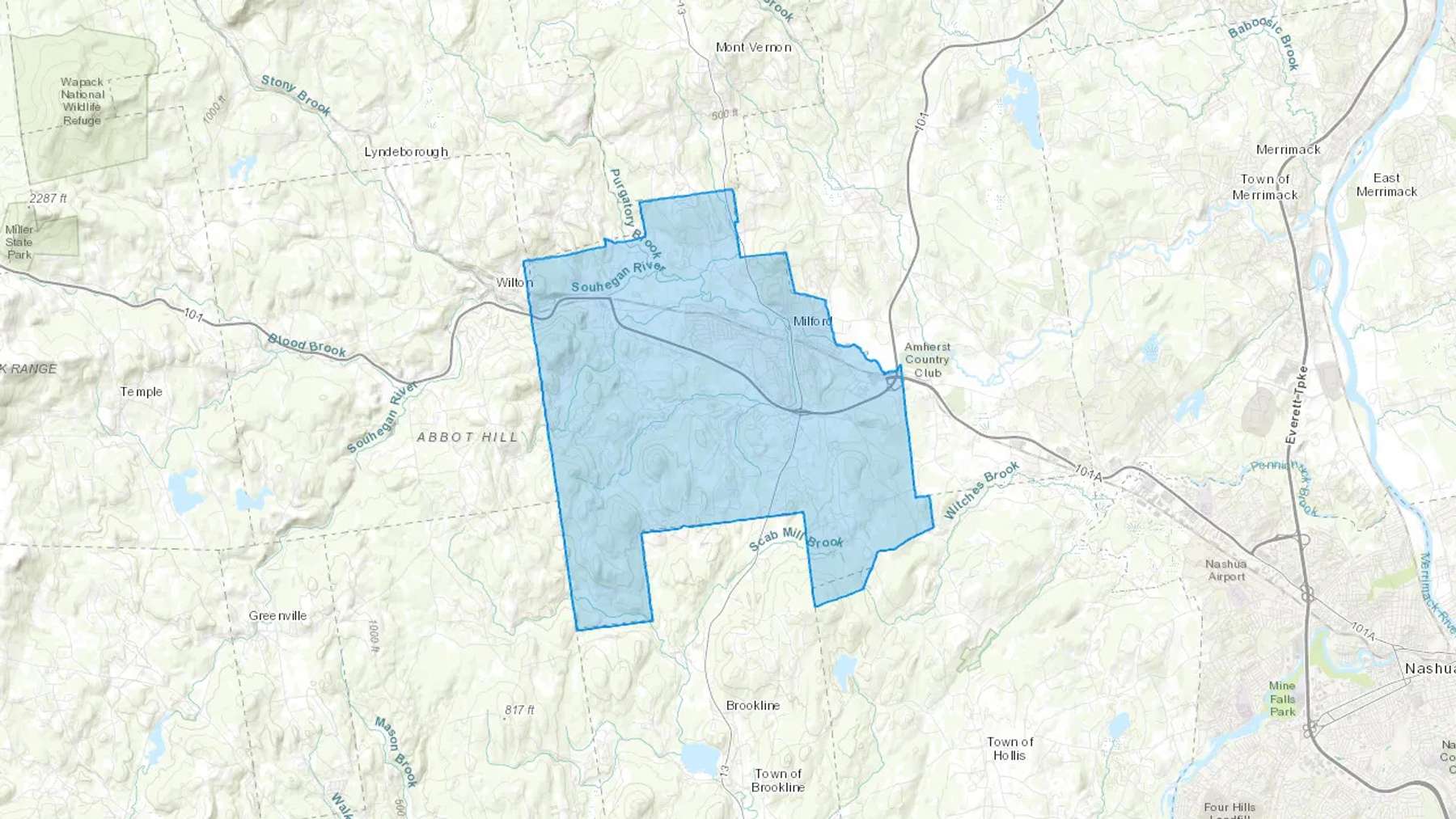Milford, NH Cash heating Oil delivery map Map of the COD Fuel Oil delivery service area for Milford, NH