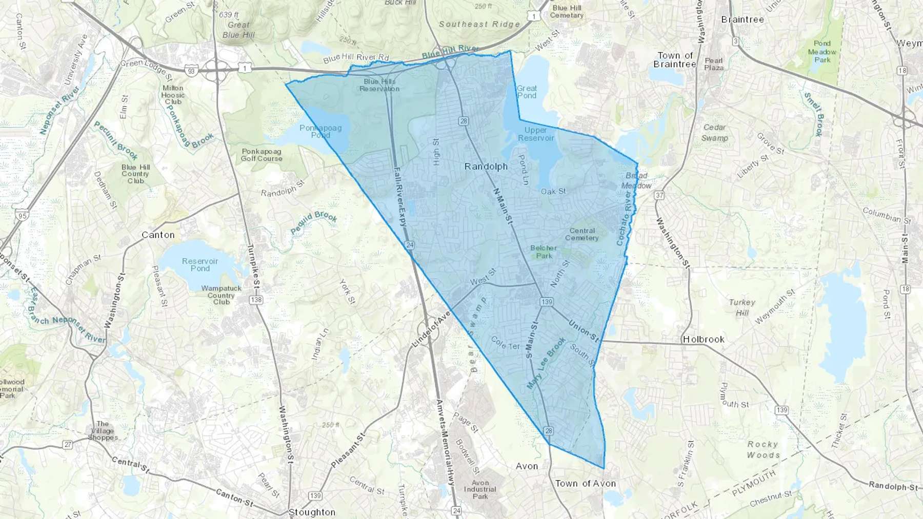 Randolph, MA Cash heating Oil delivery map Map of the COD Fuel Oil delivery service area for Randolph, MA