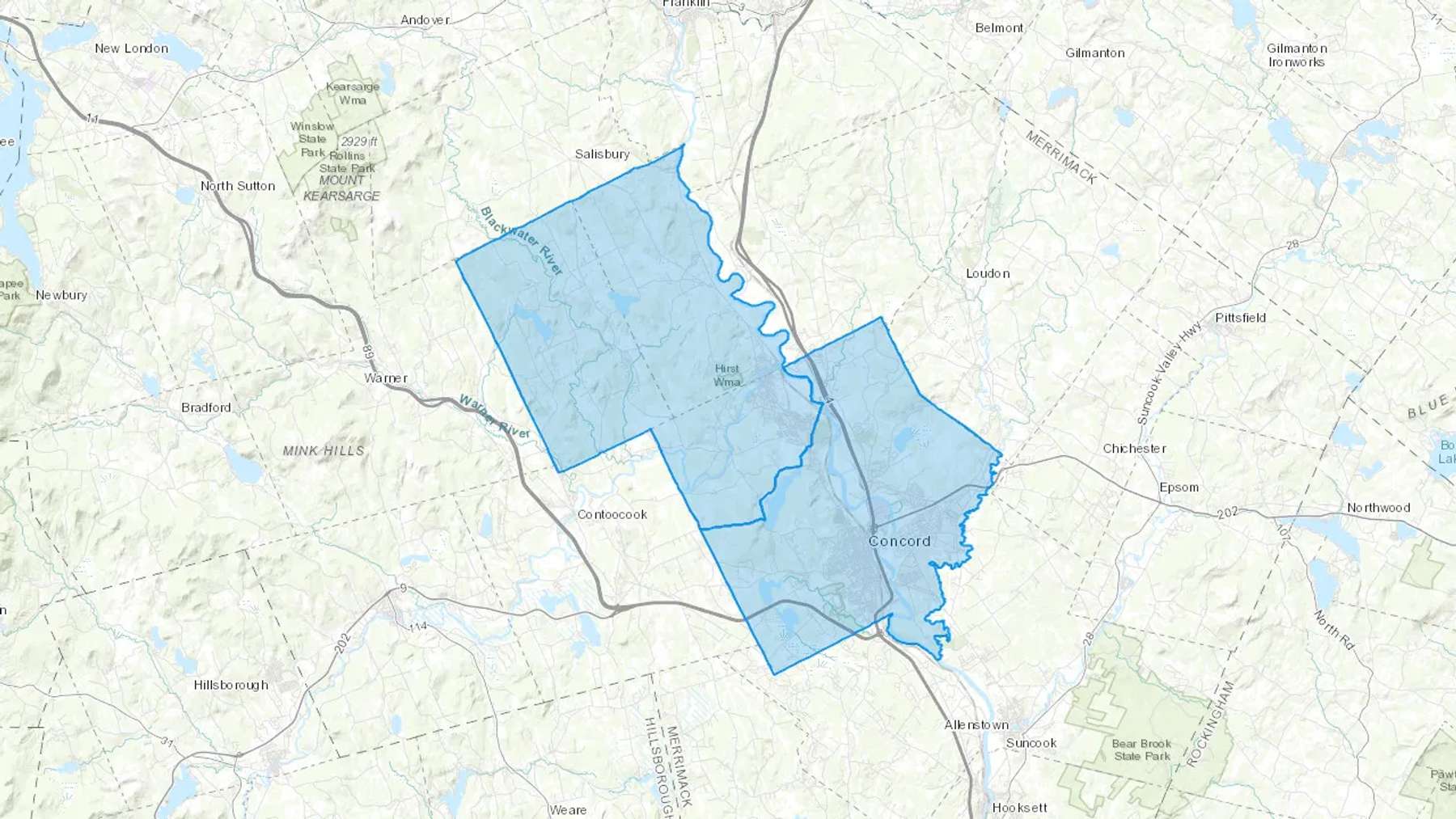 Concord, NH Cash heating Oil delivery map Map of the COD Fuel Oil delivery service area for Concord, NH