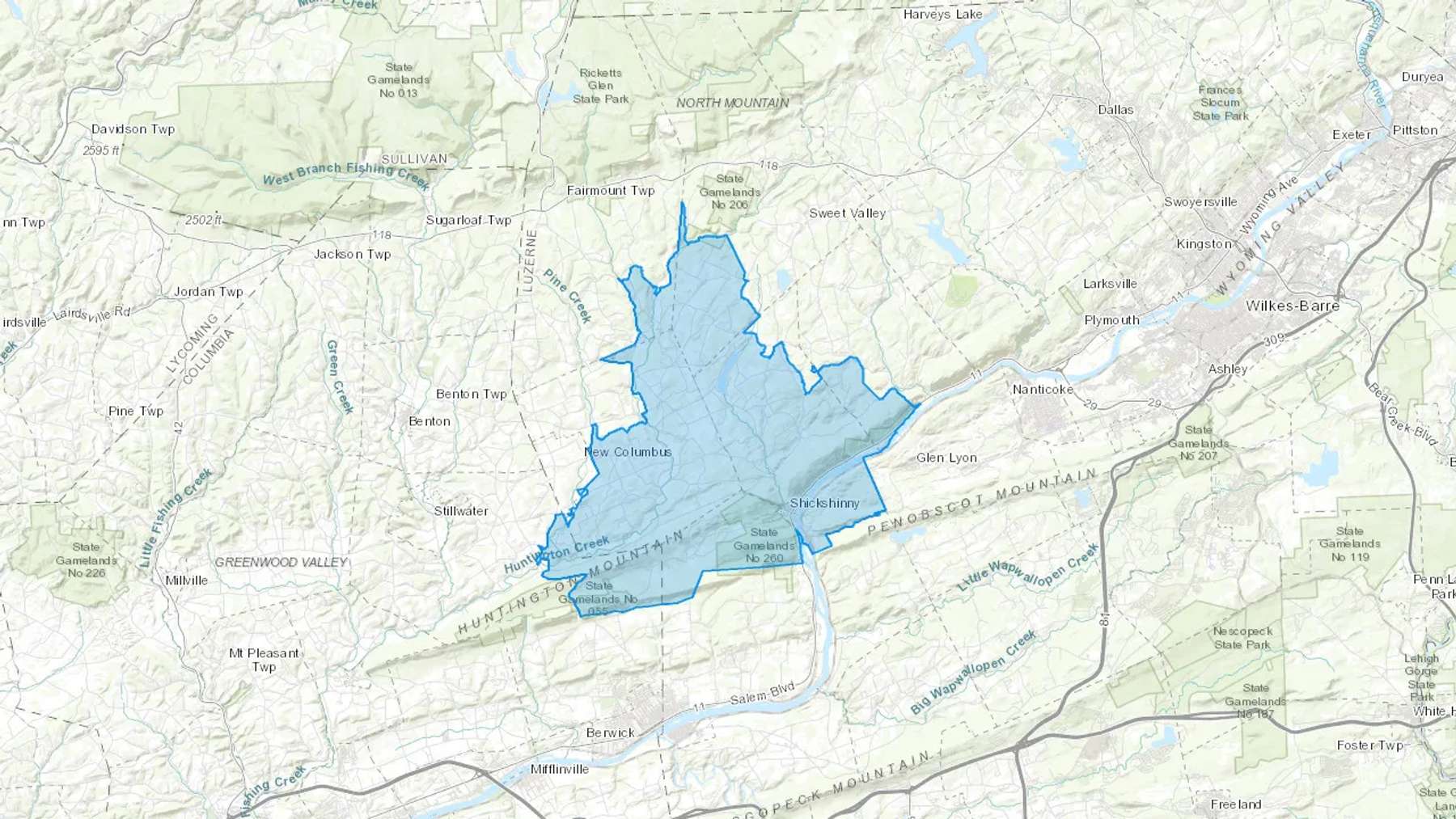 Shickshinny, PA Cash heating Oil delivery map Map of the COD Fuel Oil delivery service area for Shickshinny, PA