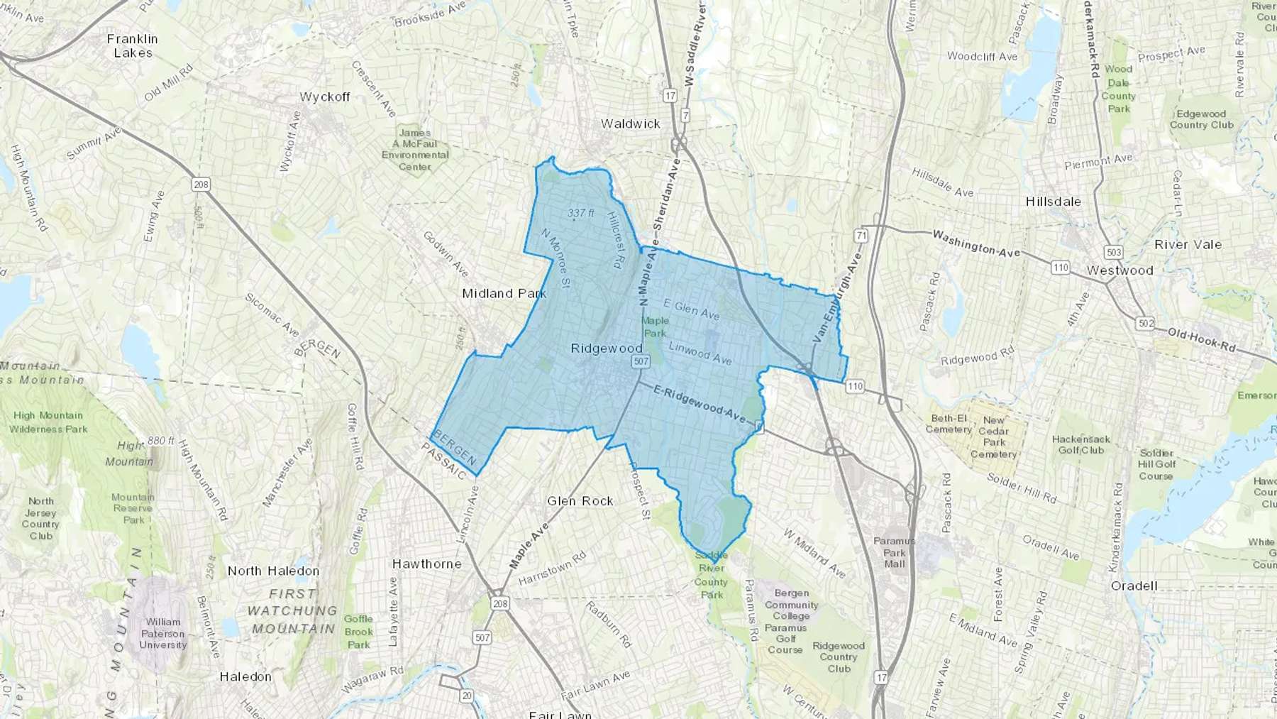 Ridgewood, NJ Cash heating Oil delivery map Map of the COD Fuel Oil delivery service area for Ridgewood, NJ