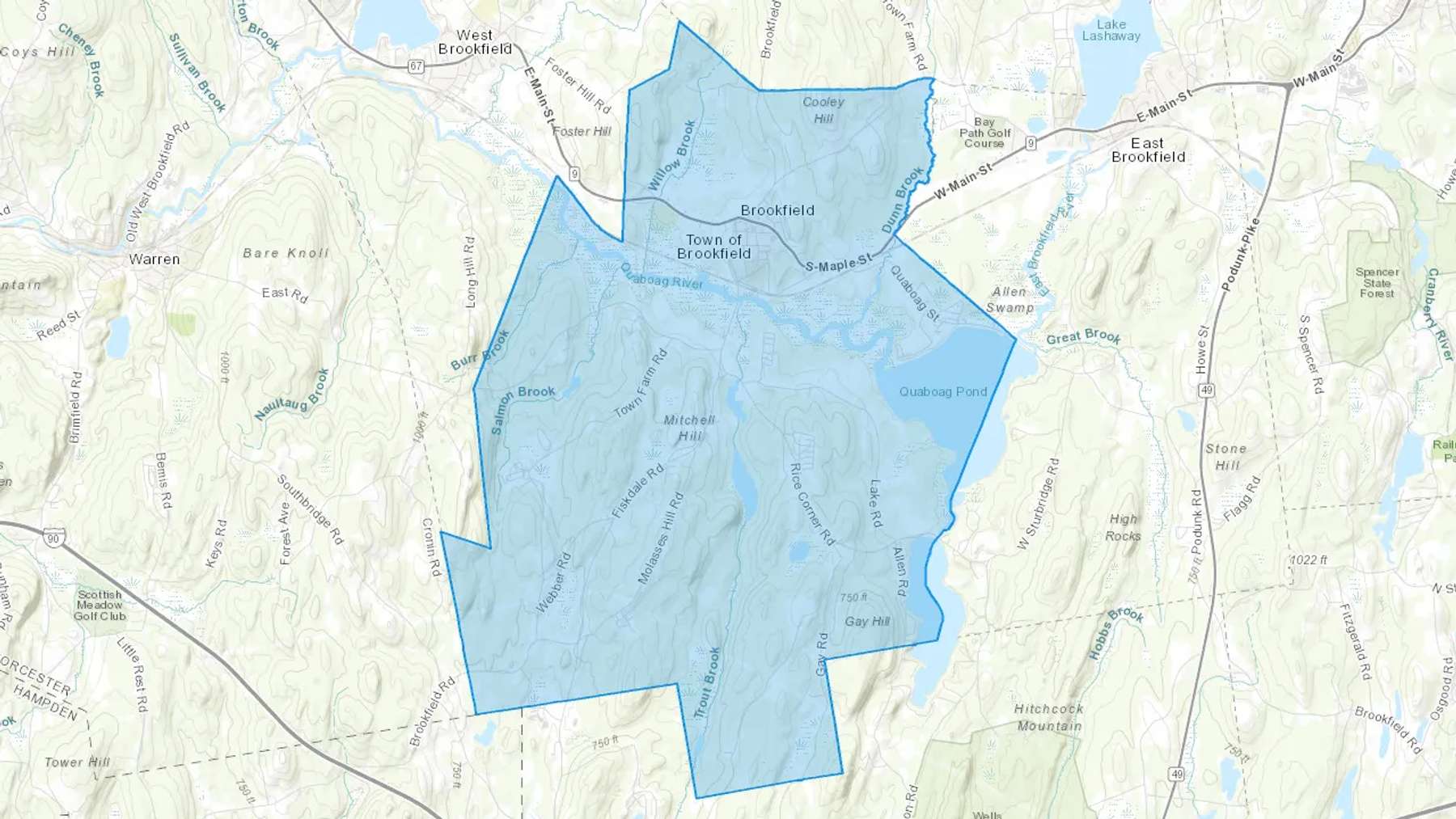 Brookfield, MA Cash heating Oil delivery map Map of the COD Fuel Oil delivery service area for Brookfield, MA