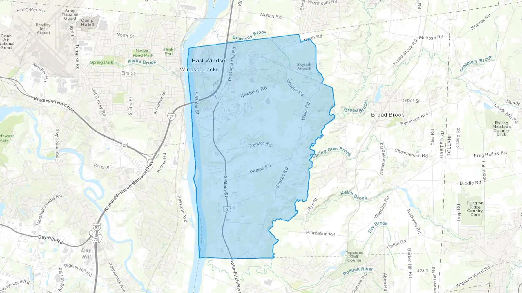 East Windsor, CT Cash heating Oil delivery map Map of the COD Fuel Oil delivery service area for East Windsor, CT