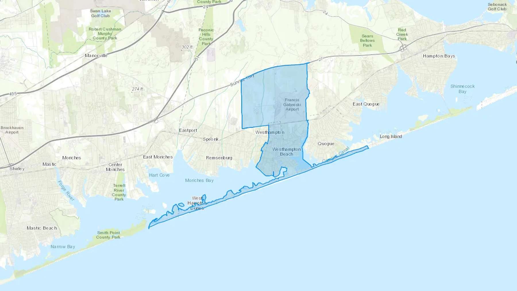 Westhampton Beach, NY Cash heating Oil delivery map Map of the COD Fuel Oil delivery service area for Westhampton Beach, NY