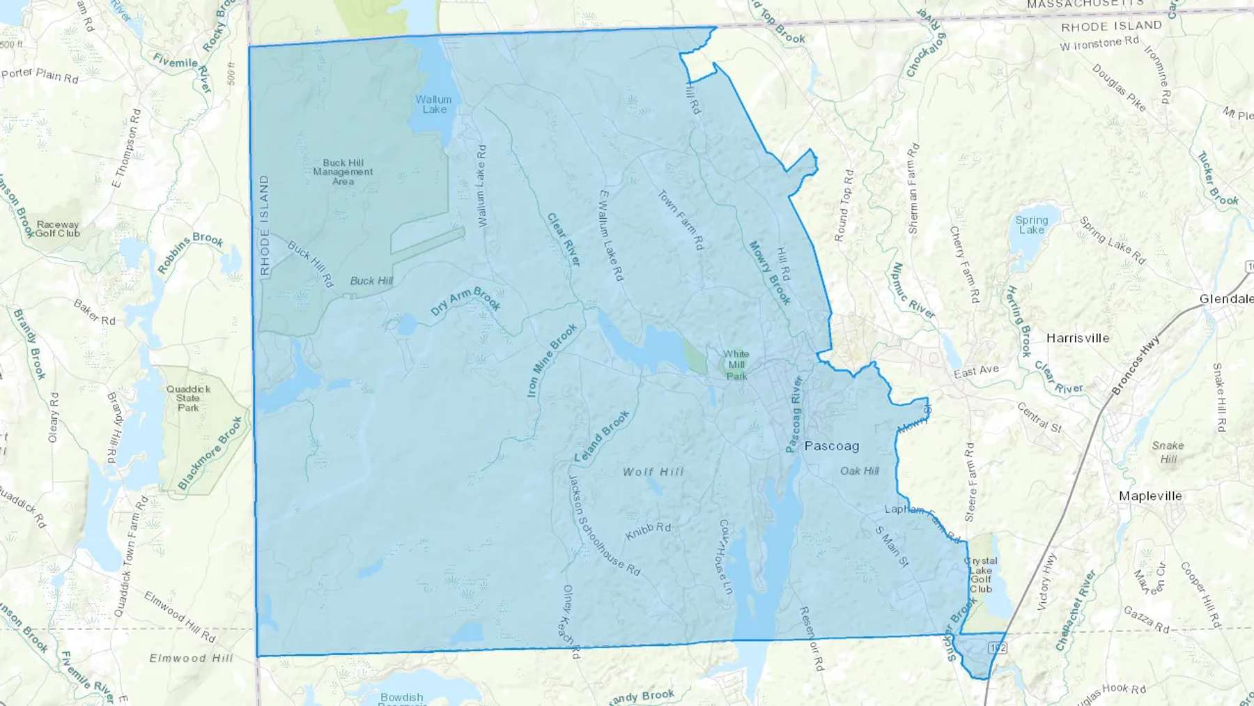 Pascoag, RI Cash heating Oil delivery map Map of the COD Fuel Oil delivery service area for Pascoag, RI