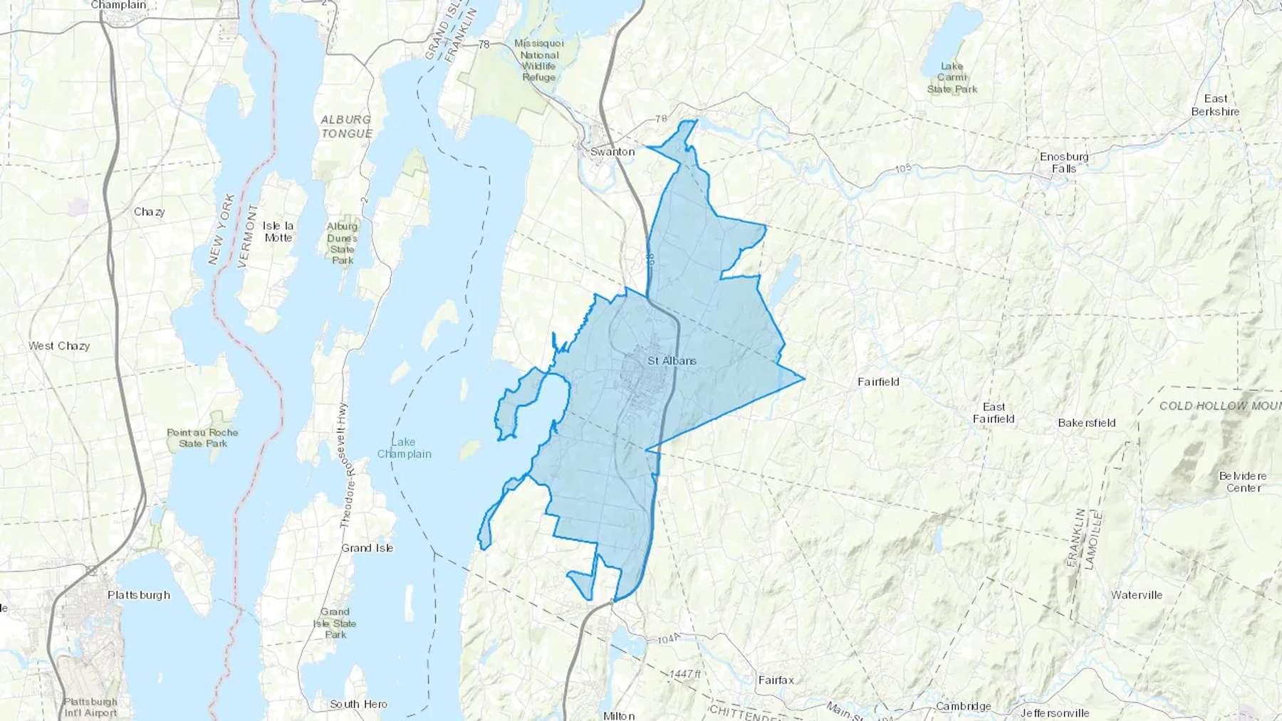Saint Albans, VT Cash heating Oil delivery map Map of the COD Fuel Oil delivery service area for Saint Albans, VT