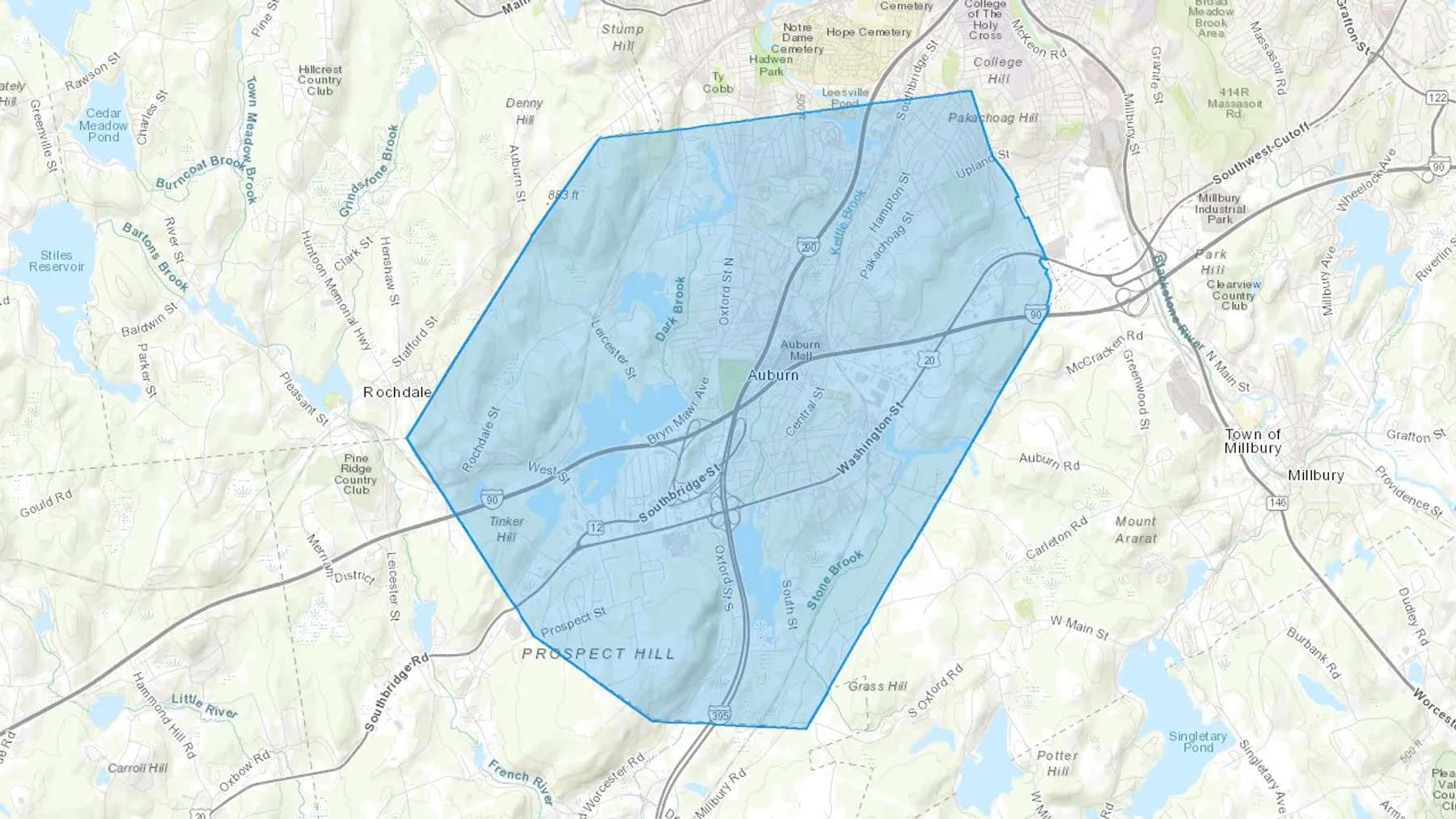 Auburn, MA Cash heating Oil delivery map Map of the COD Fuel Oil delivery service area for Auburn, MA