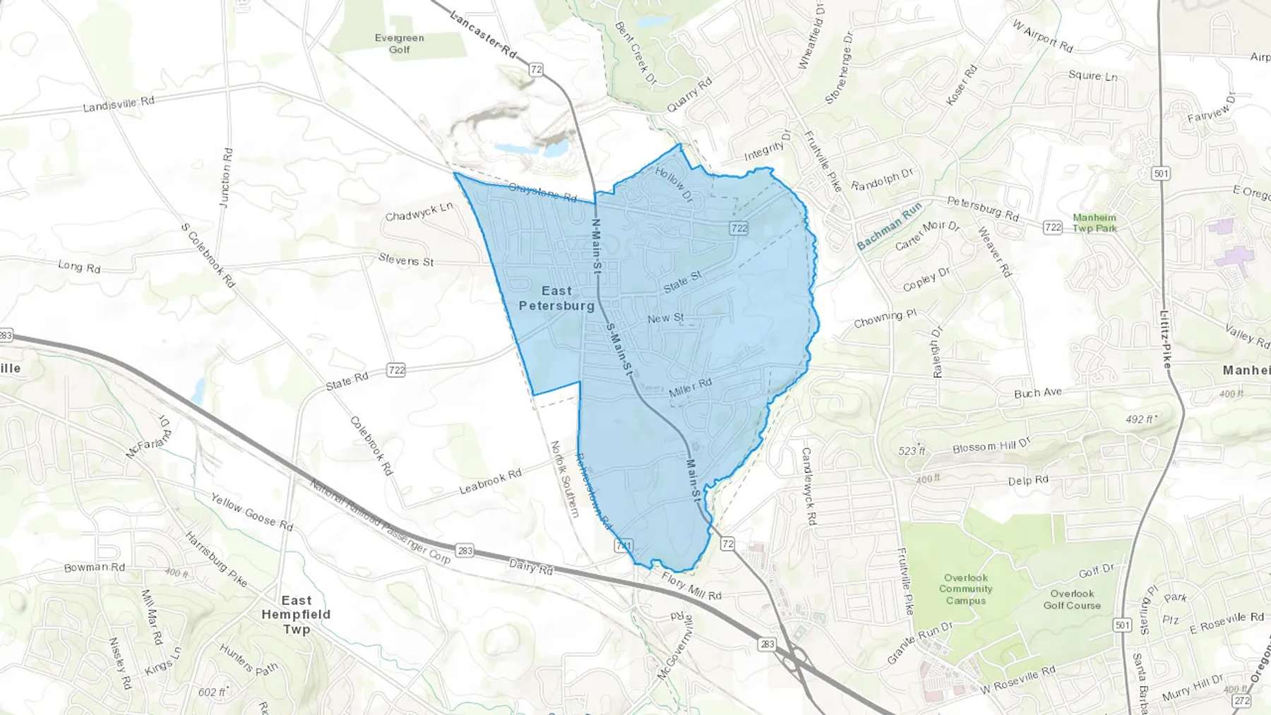 East Petersburg, PA Cash heating Oil delivery map Map of the COD Fuel Oil delivery service area for East Petersburg, PA