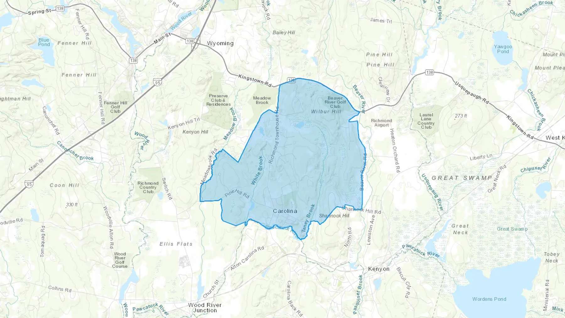 Carolina, RI Cash heating Oil delivery map Map of the COD Fuel Oil delivery service area for Carolina, RI