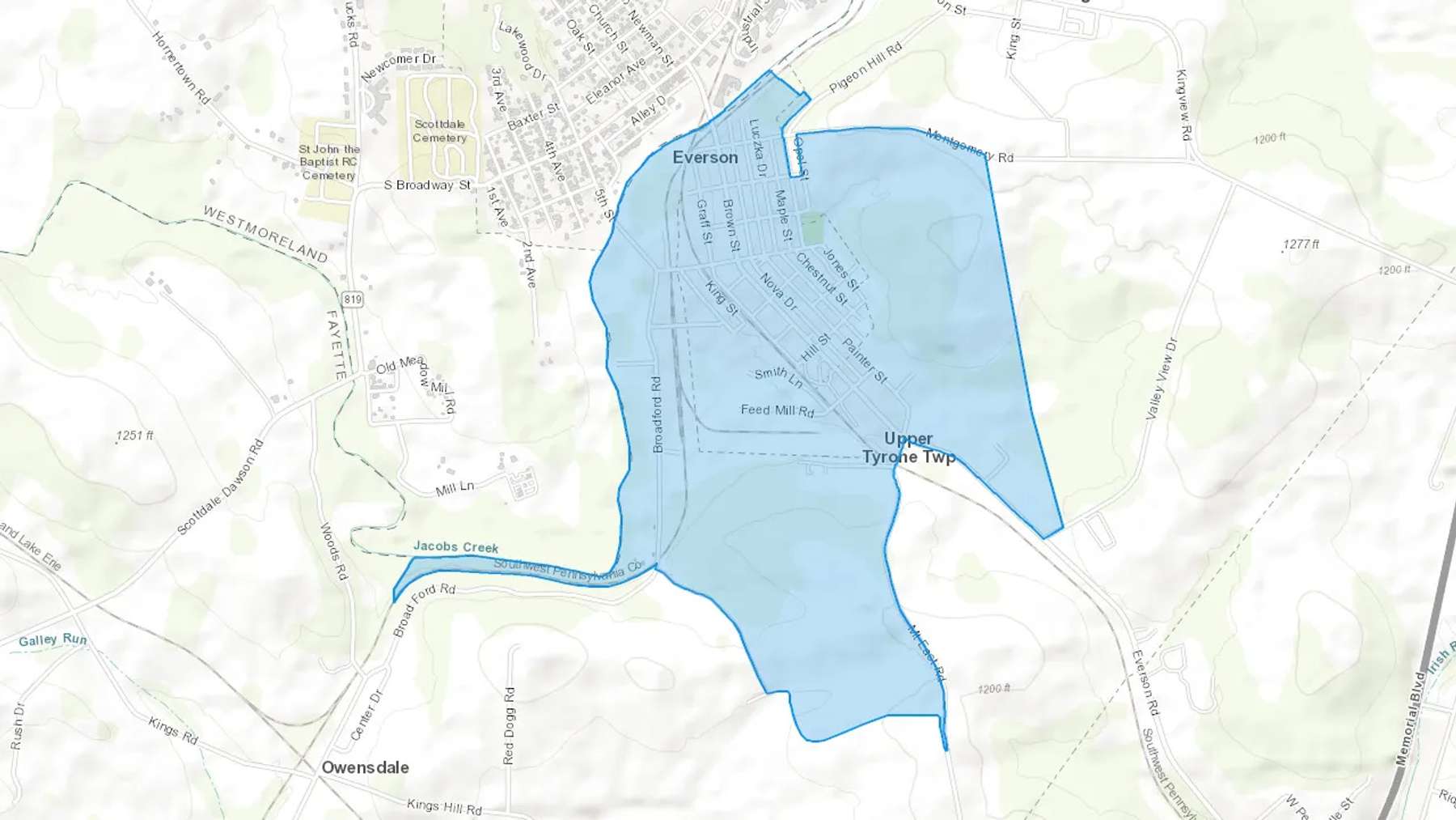 Everson, PA Cash heating Oil delivery map Map of the COD Fuel Oil delivery service area for Everson, PA