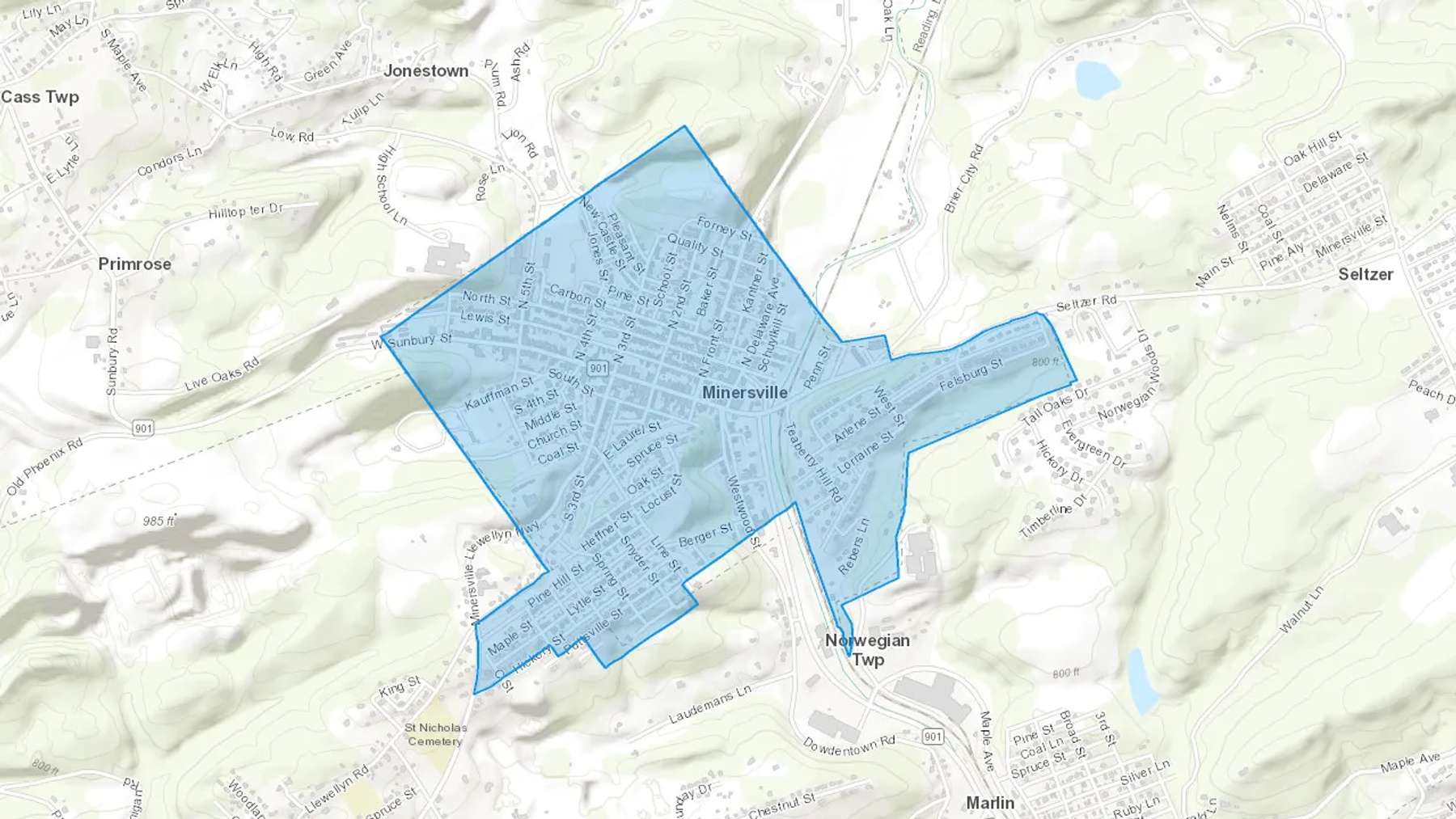 Minersville, PA Cash heating Oil delivery map Map of the COD Fuel Oil delivery service area for Minersville, PA
