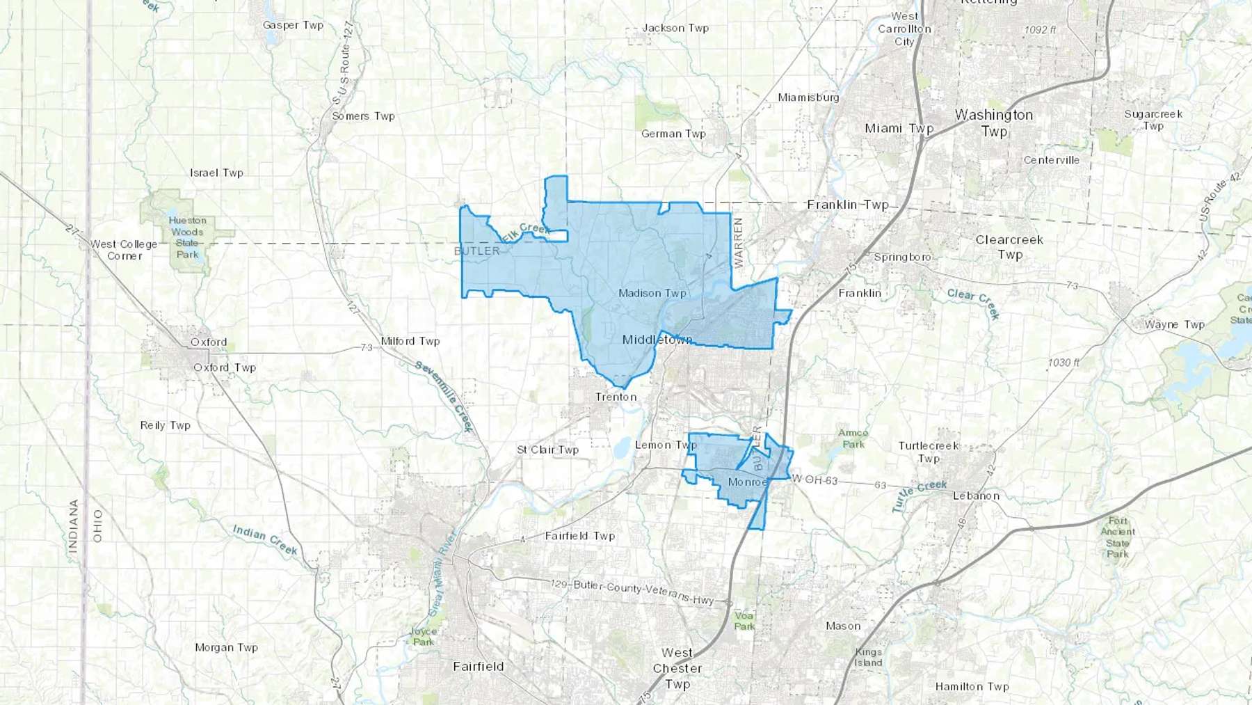 Middletown, OH Cash heating Oil delivery map Map of the COD Fuel Oil delivery service area for Middletown, OH