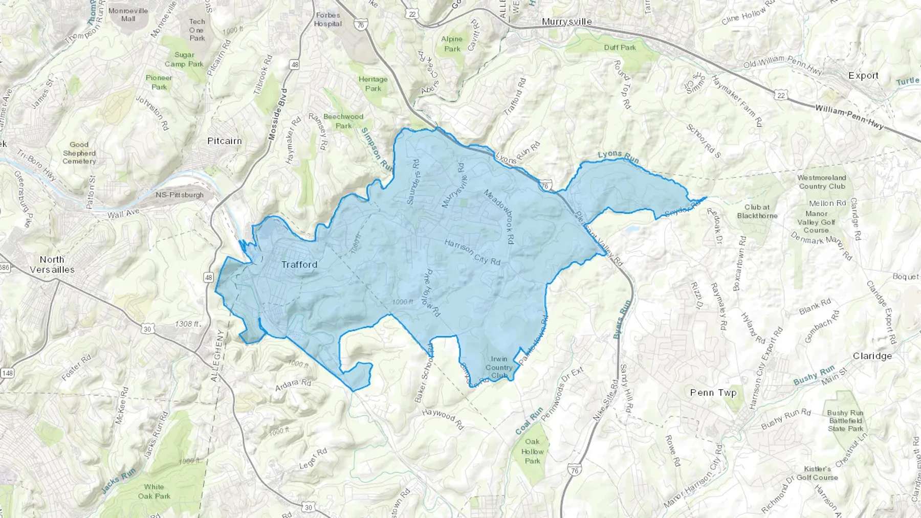 Trafford, PA Cash heating Oil delivery map Map of the COD Fuel Oil delivery service area for Trafford, PA