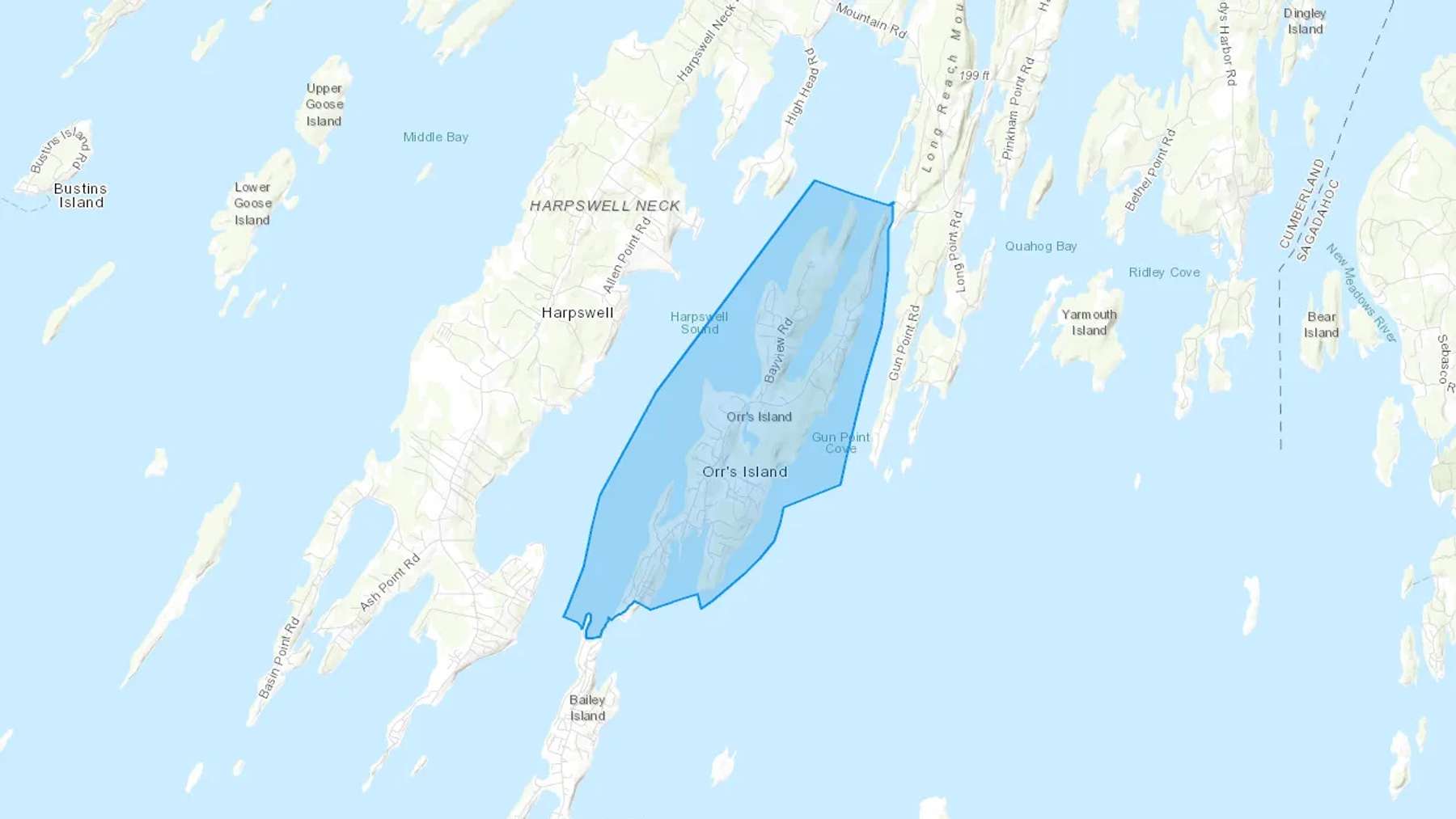 Orrs Island, ME Cash heating Oil delivery map Map of the COD Fuel Oil delivery service area for Orrs Island, ME