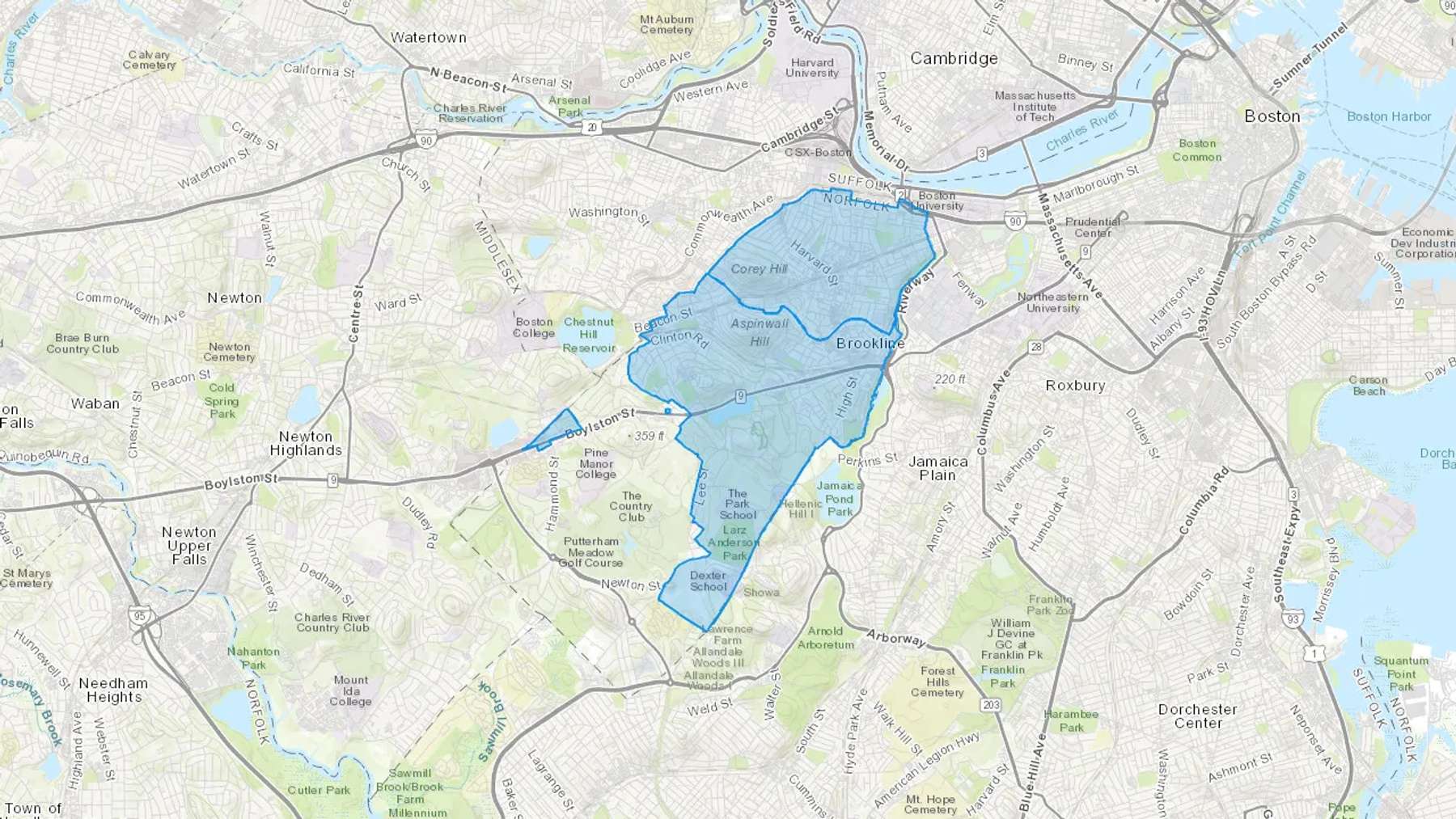 Brookline, MA Cash heating Oil delivery map Map of the COD Fuel Oil delivery service area for Brookline, MA