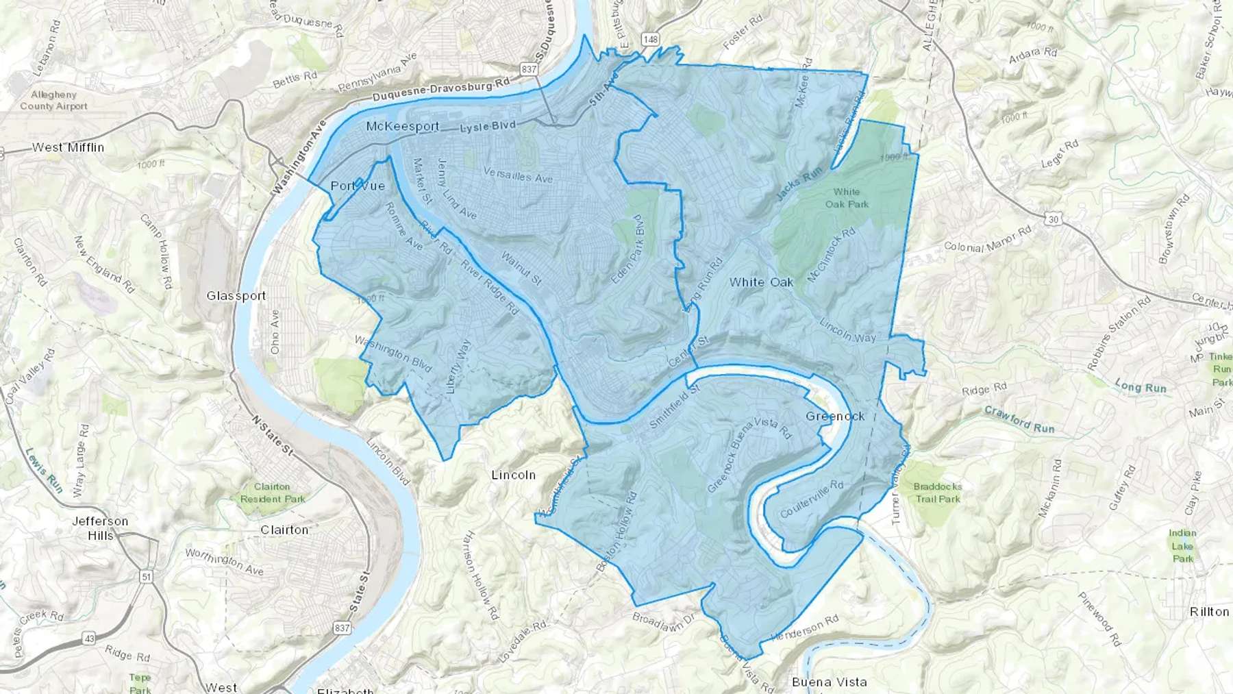 Mckeesport, PA Cash heating Oil delivery map Map of the COD Fuel Oil delivery service area for Mckeesport, PA