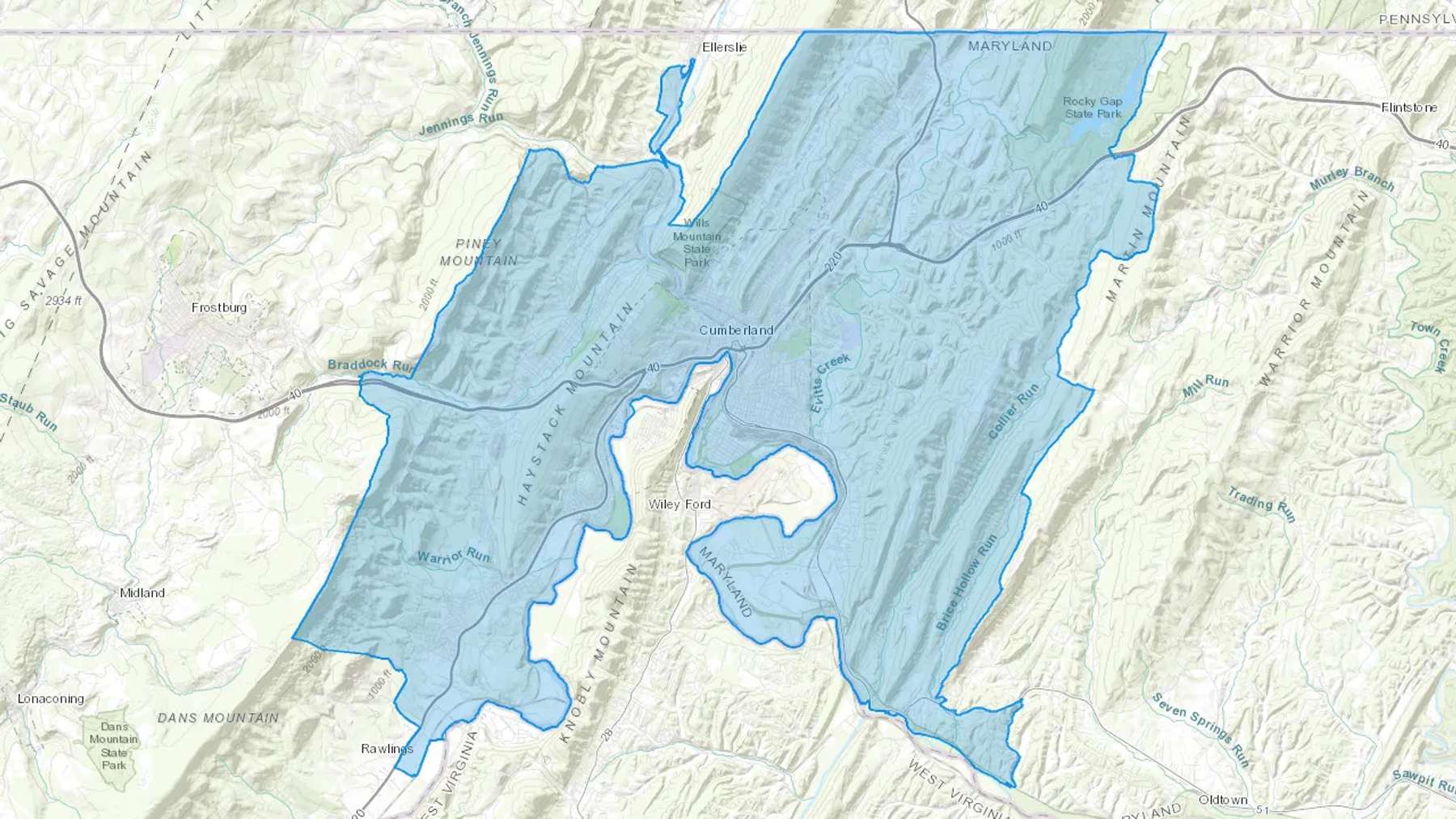 Cumberland, MD Cash heating Oil delivery map Map of the COD Fuel Oil delivery service area for Cumberland, MD