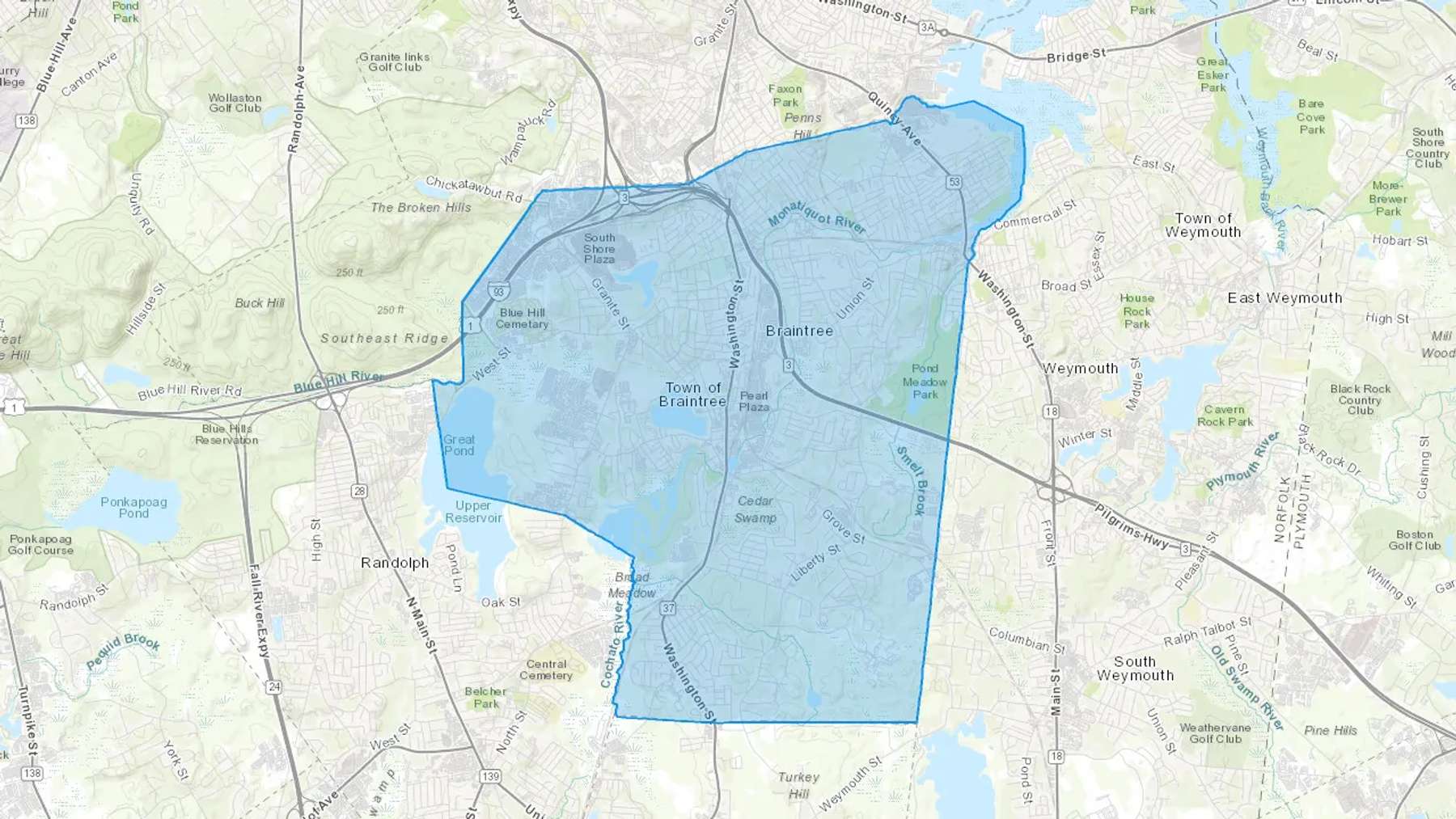 Braintree, MA Cash heating Oil delivery map Map of the COD Fuel Oil delivery service area for Braintree, MA