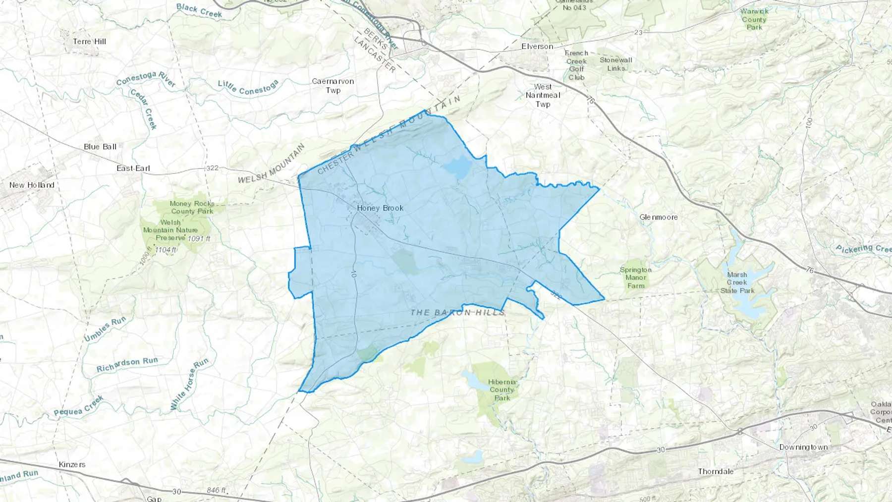 Honey Brook, PA Cash heating Oil delivery map Map of the COD Fuel Oil delivery service area for Honey Brook, PA