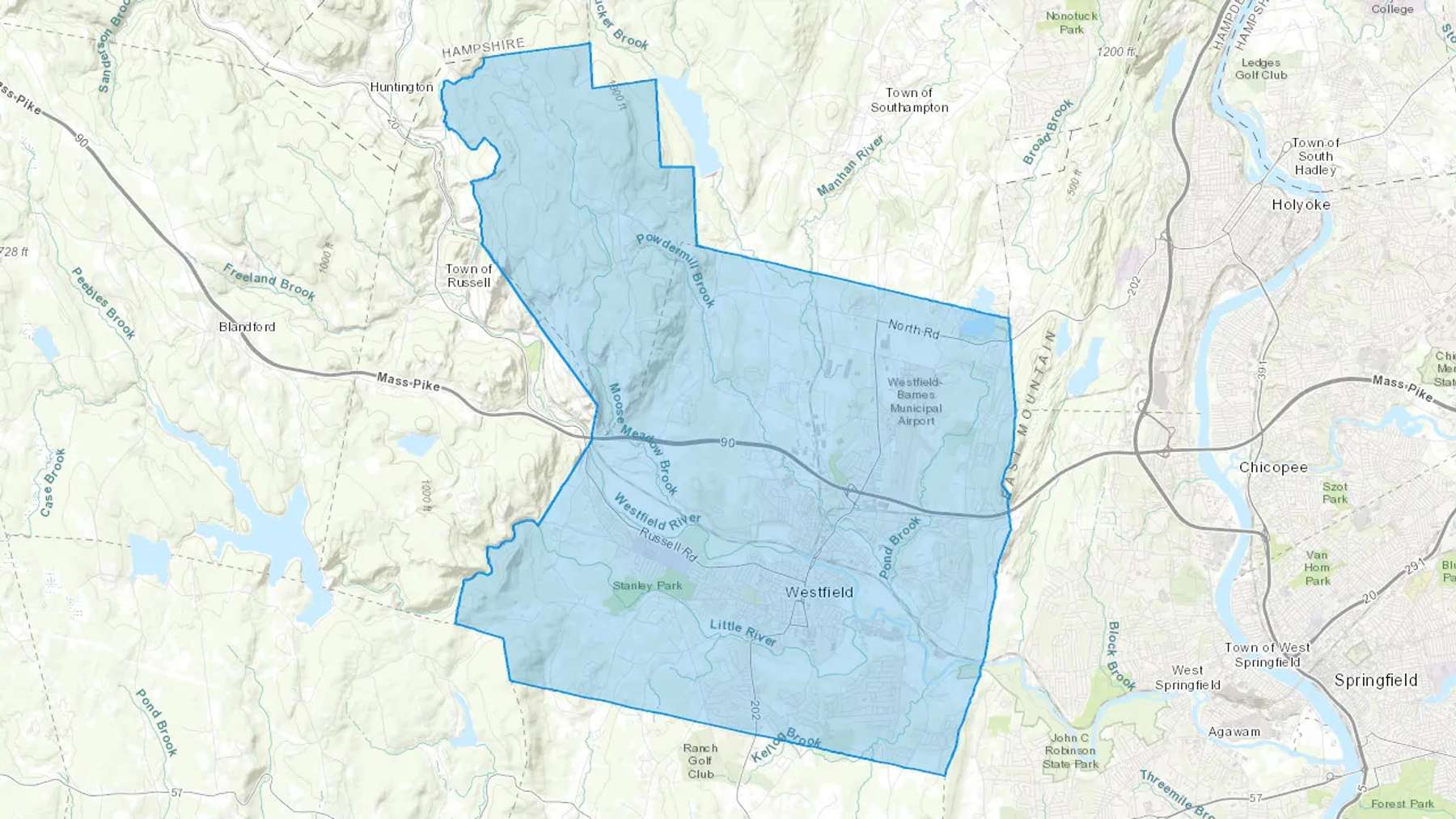 Westfield, MA Cash heating Oil delivery map Map of the COD Fuel Oil delivery service area for Westfield, MA