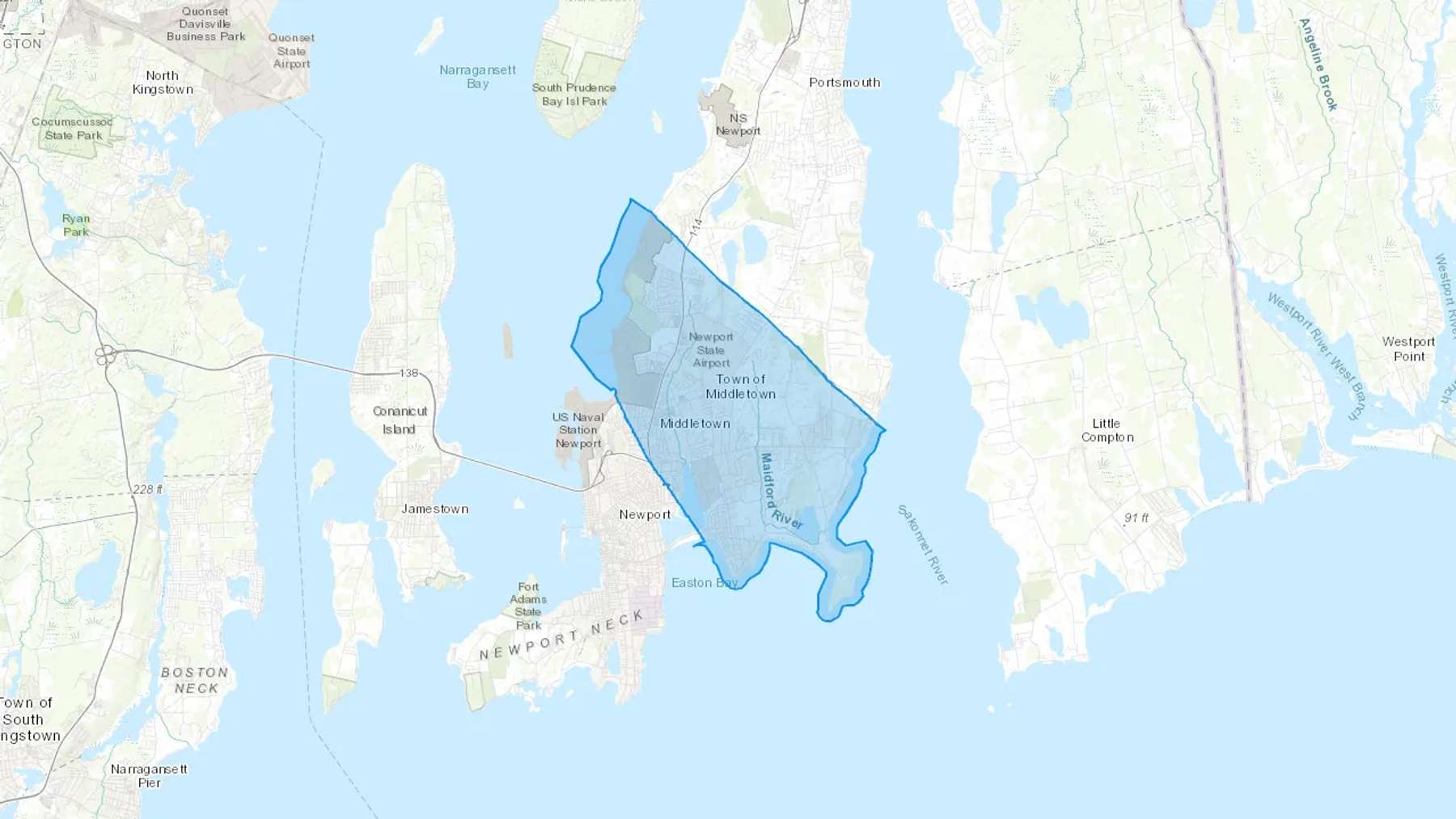 Middletown, RI Cash heating Oil delivery map Map of the COD Fuel Oil delivery service area for Middletown, RI